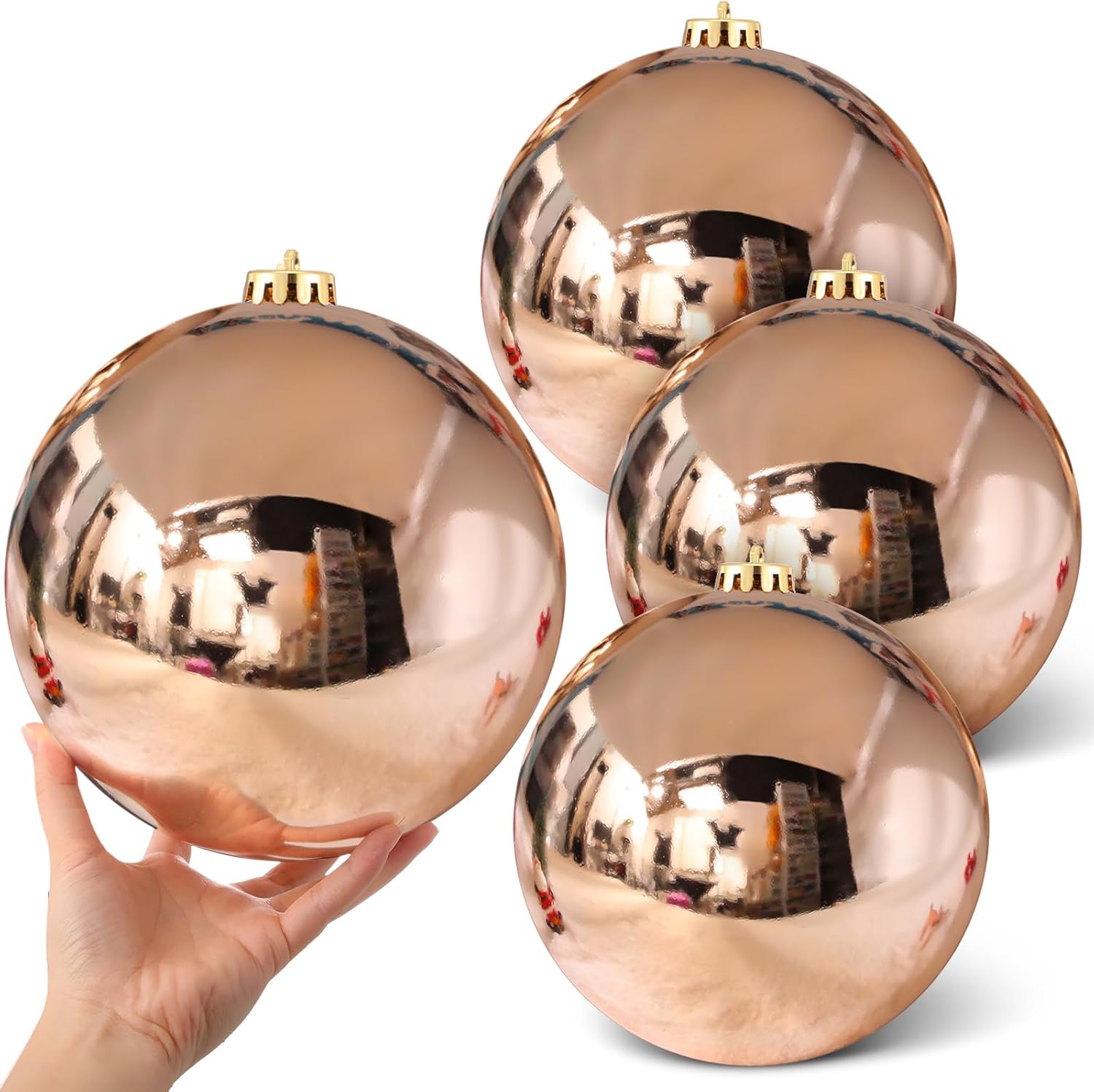 Zubebe 4 Pcs Extra Large Christmas Ball Ornaments 8'' (200 Mm) Giant Oversized Plastic Xmas Ball Big Hanging Christmas Tree Ornaments for Holiday Party Outdoor Decor(Champagne Golden)