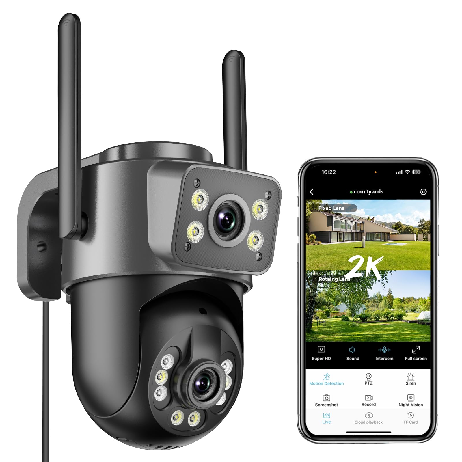 Reobiux 2K Telecamera Wi-Fi Esterno, 360° PTZ Videocamera Sorveglianza Esterno con Doppia Lente, Colori Visione Notturna, Tracciamento Automatico, Registrazione 24/7, IP66