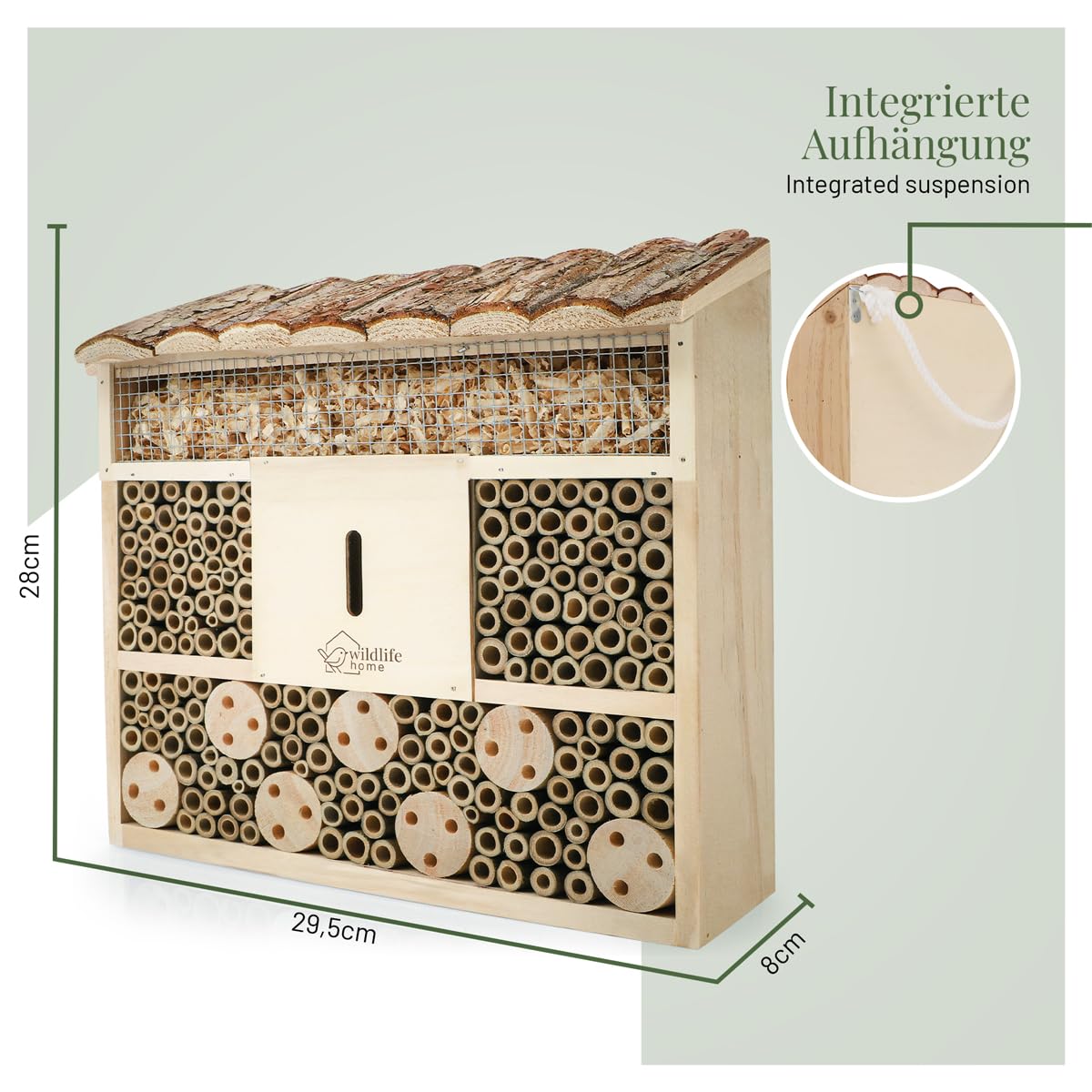 WILDLIFE HOME Hotel para insectos con techo de corteza I Sin tratar, casa de abejas de madera maciza para abejas, mariquitas y crisopas, casa de insectos I Nido para colgar hotel para insectos