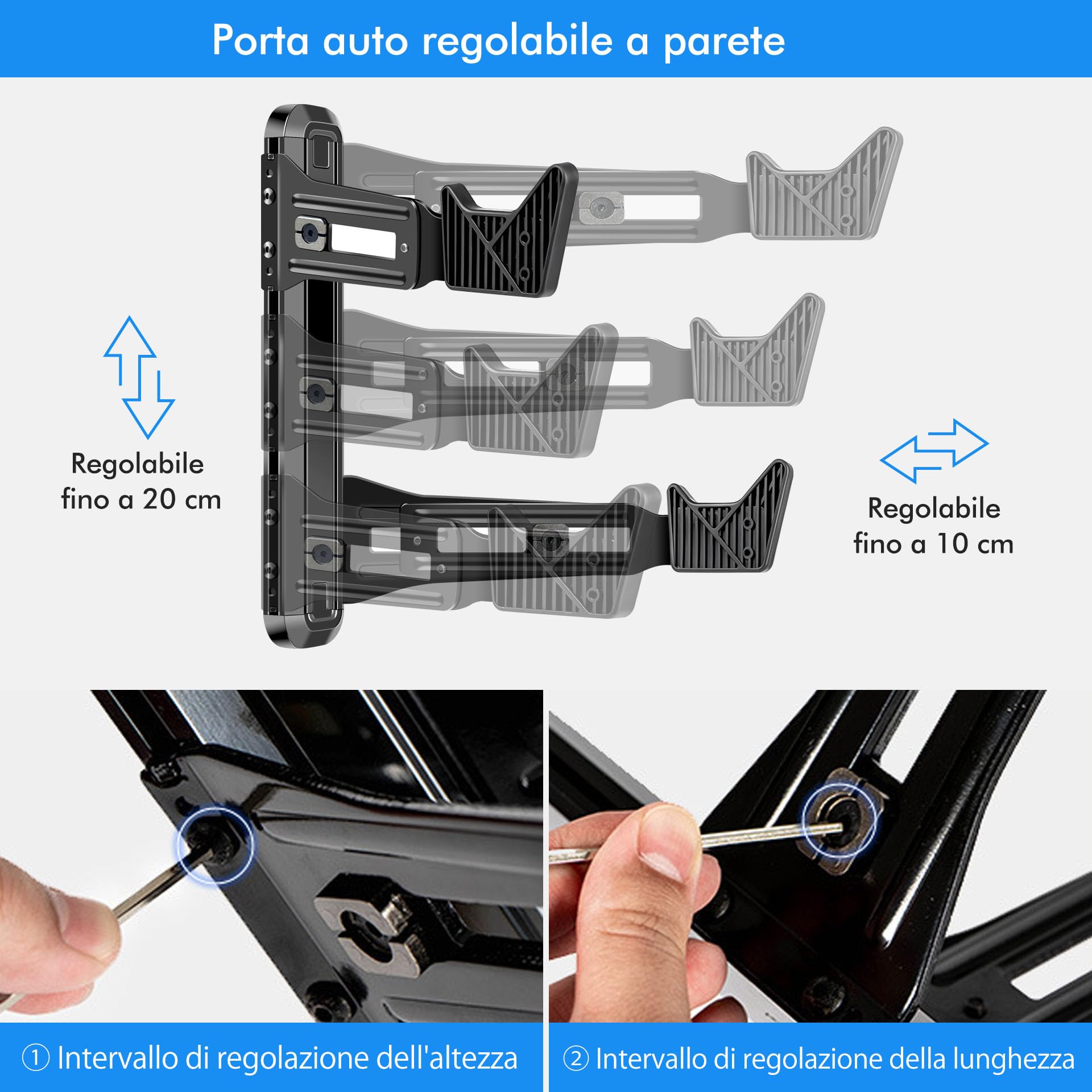 Mimoke Supporto da parete per bicicletta, in lega di alluminio, portata fino a 40 kg, distanza dalla parete regolabile 18,5 – 28 cm, gancio a V gommato, 7,2 cm, per MTB, bici da corsa, e-bike