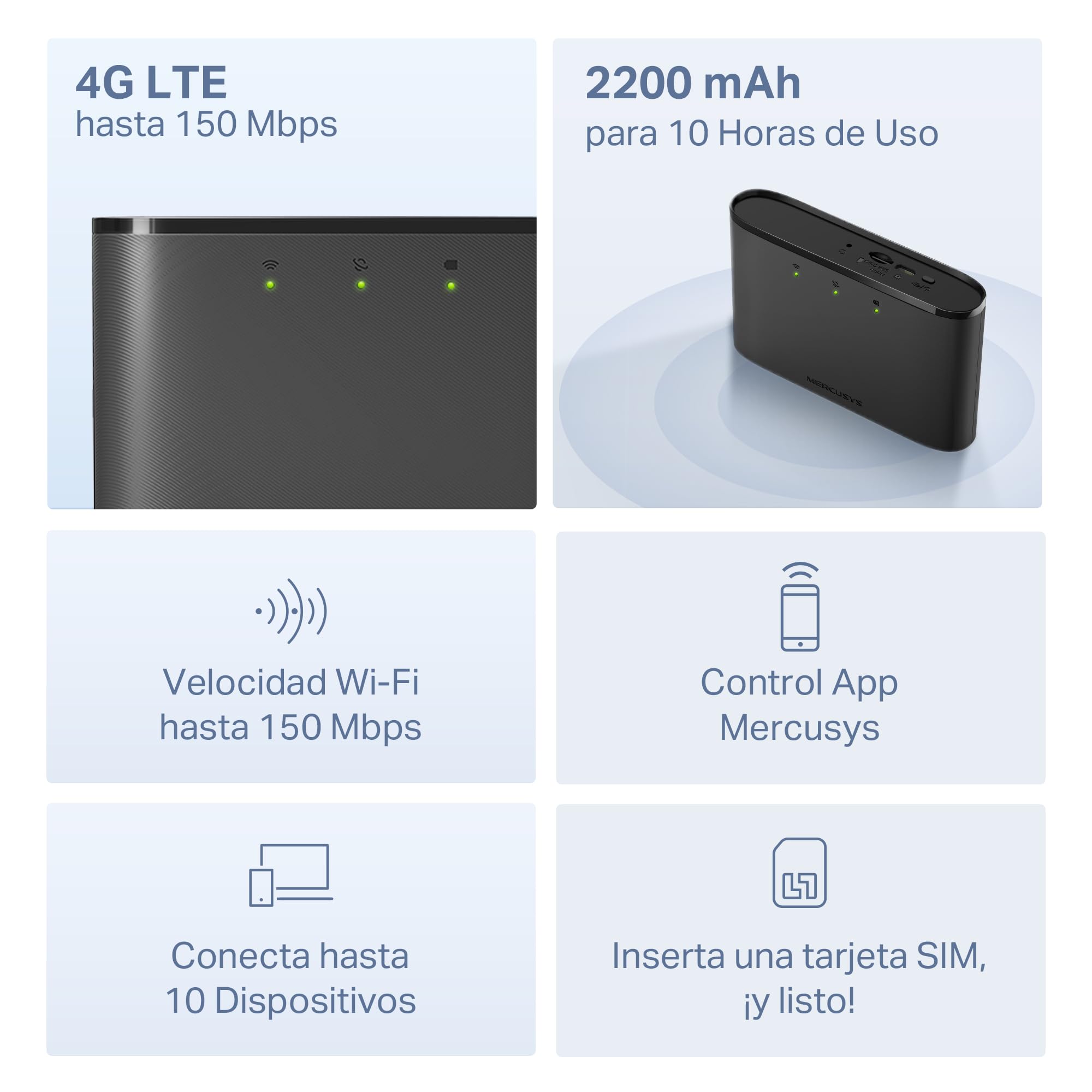 [2024 Neuvo] Mercusys MT110 - Router 4G móvil, 4G Mi-Fi LTE Cat 4 150 Mbps, Batería de 2100 mAh, Conexión hasta 10 Dispositivos, Play y Plug con Tarjeta Nano SIM