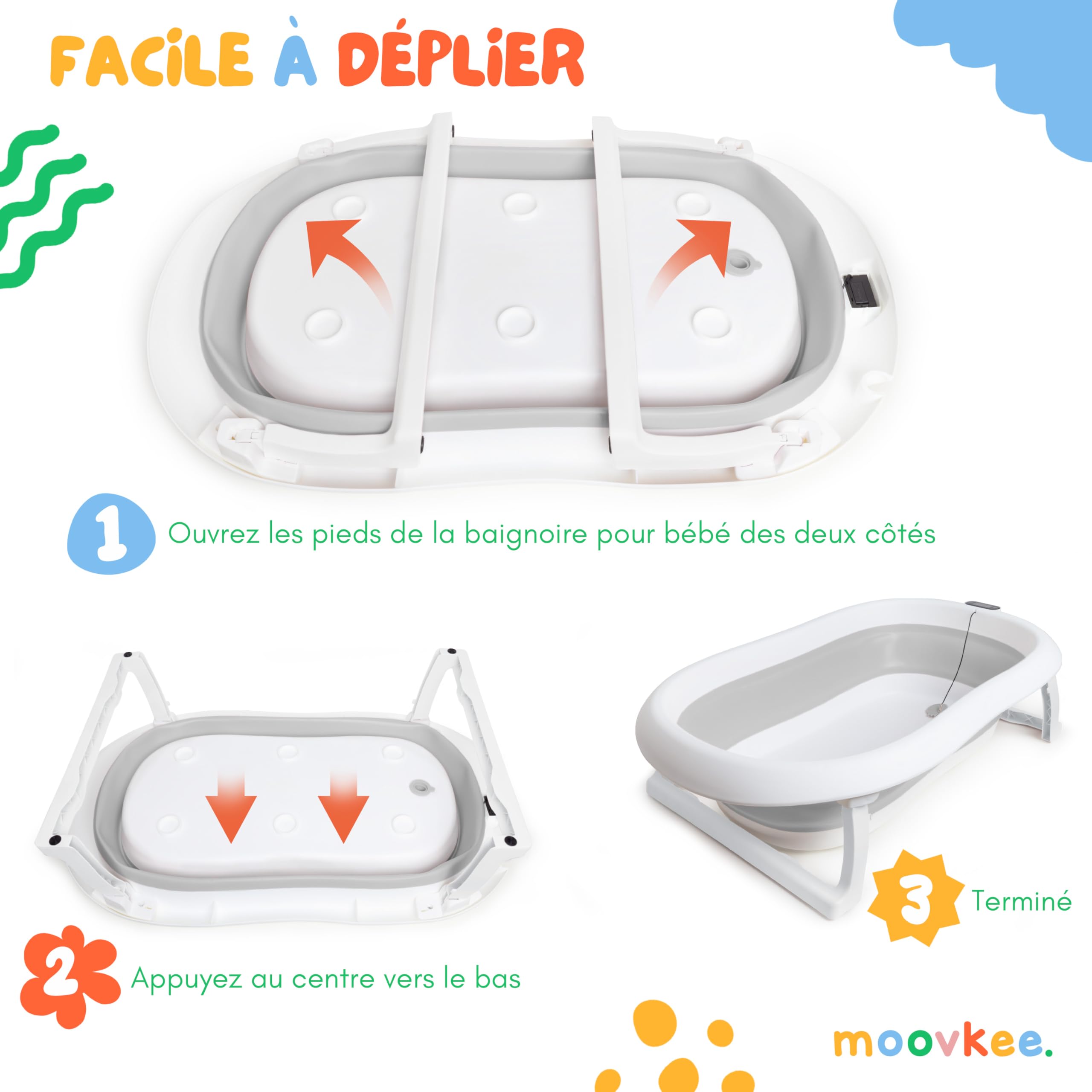 Baignoire bébé pliable 80 cm grise avec thermomètre siège de bain drainage