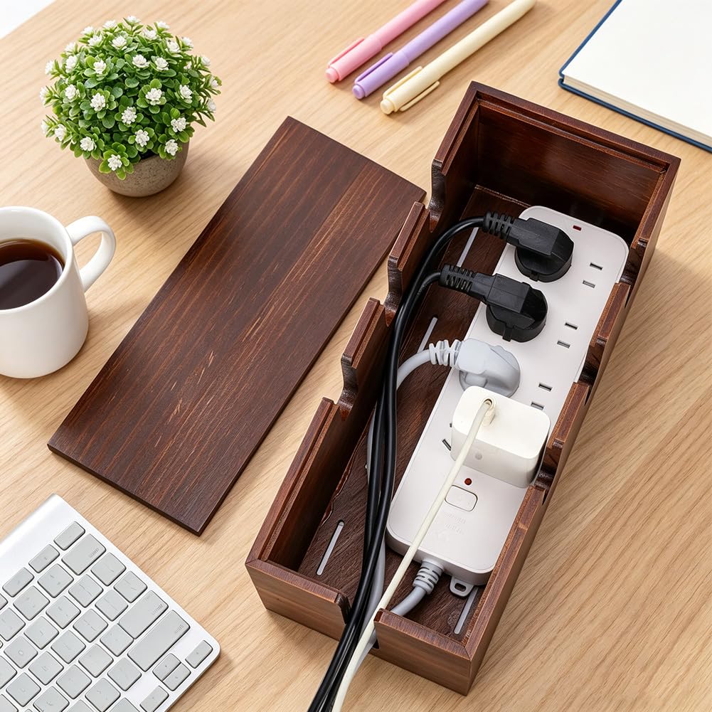 ORIGACH Große Kabelmanagementbox Aus Holz Mit Deckel Und Kabelbindern Bodenkabelorganisator Mit Überspannungsschutz Und 7 Ausgang Für TV Kabel Computer Router USB Hub Und Steckdosenleiste