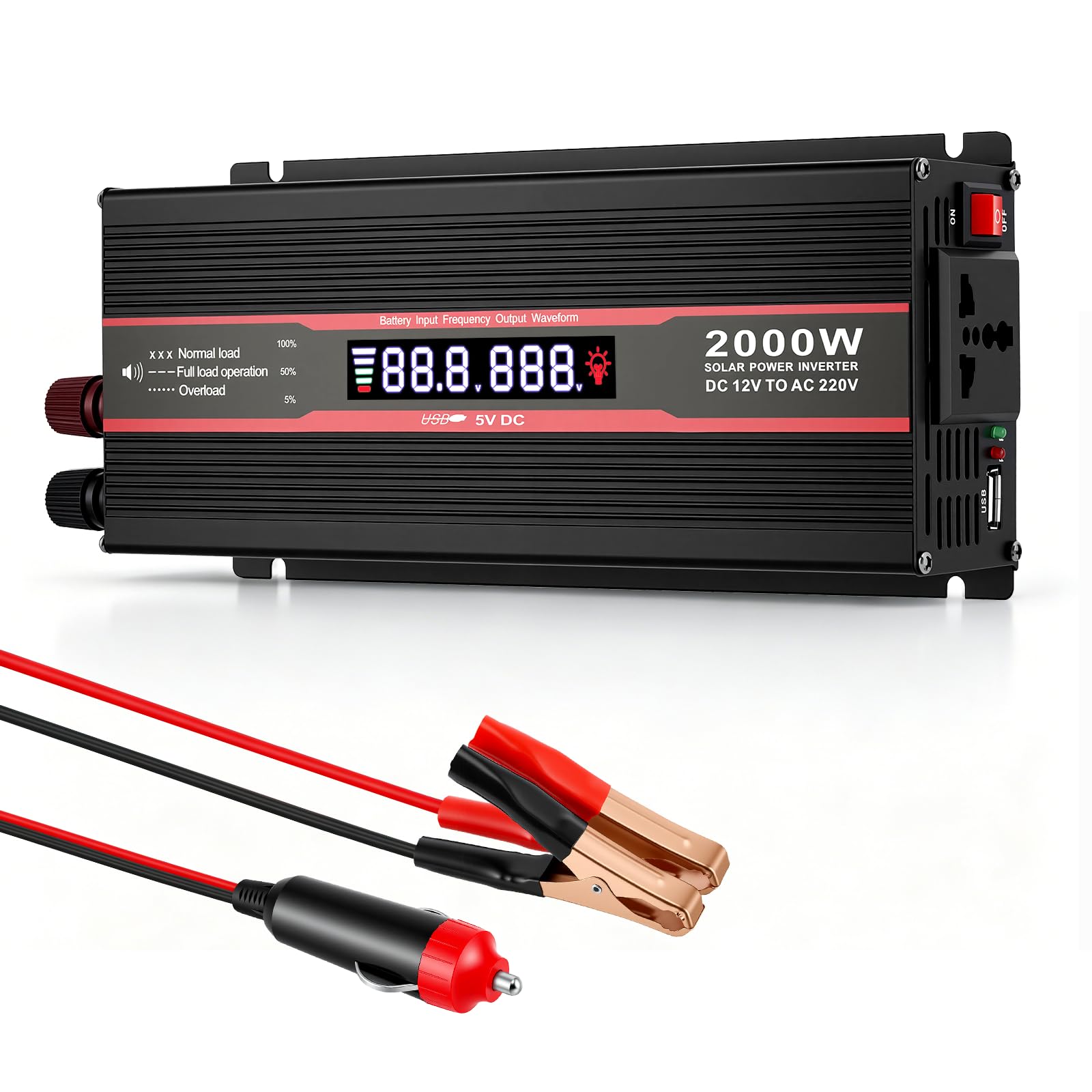 2000W Convertisseur 12V 220V/230V Pur Sinus Transformateur avec Prise EU de Courant Alternatif, Port USB, écran LCD,Allume Cigare Prise Electrique pour Voiture, Camping, Voyage, Panneau Solaire