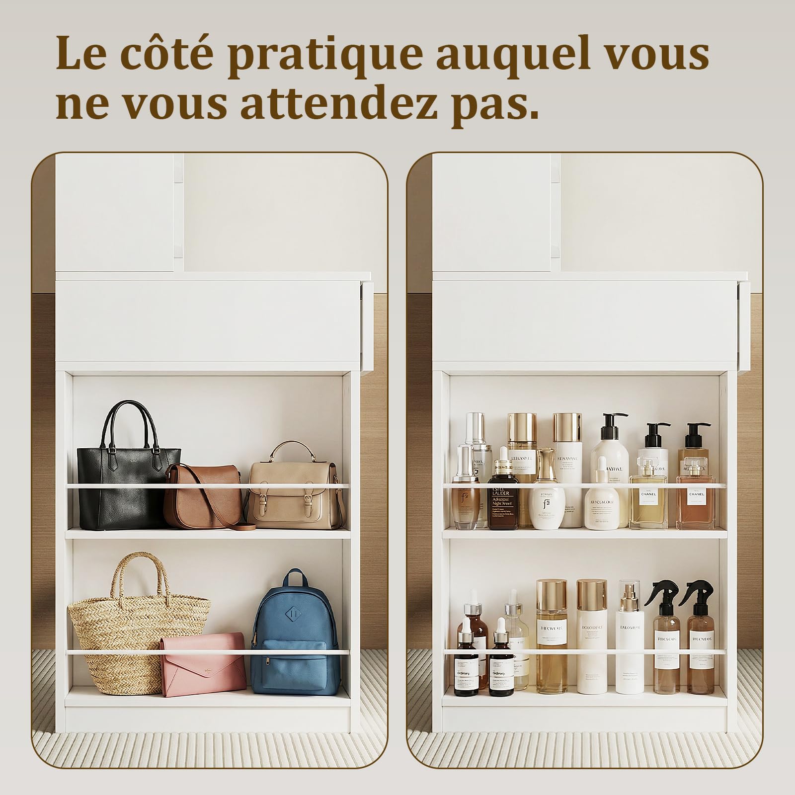 Airfish Coiffeuse avec Miroir et LED, Table de Maquillage avec 3 Étagères et 2 Tiroirs, Coiffeuse avec Grand Tiroir et Armoire, Lumière LED Réglable (Blanc)