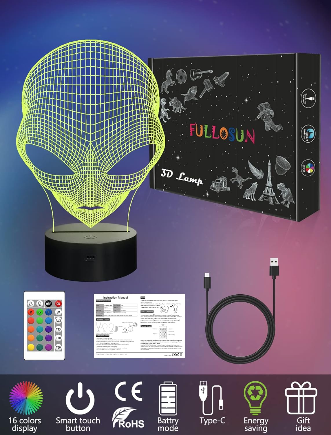 FULLOSUN 3D Night Light Alien Illusion Lamp, LED Martian ET Nightlight with Remote Control 16 Colors Changing Room Home Decor Xmas Cool Birthday Gifts for Boys Girls