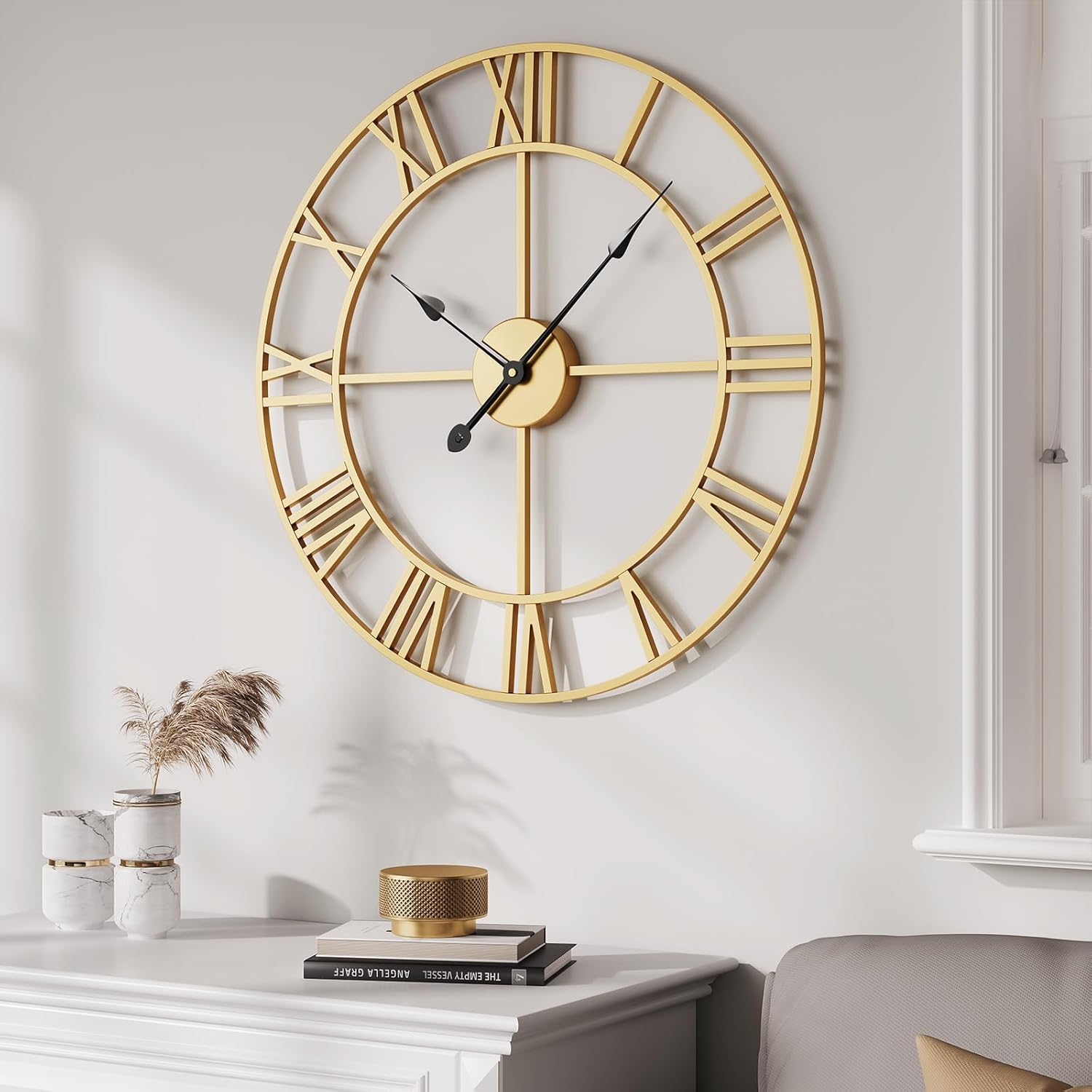 Wall Clock Large Gold Clocks 20 Inch, Silent Non-Ticking Battery-Operated Modern Metal Round Wall Clock Decorative for Living Room, Kitchen, Mantel - Roman Numerals Gold Roman Number 20 Inch