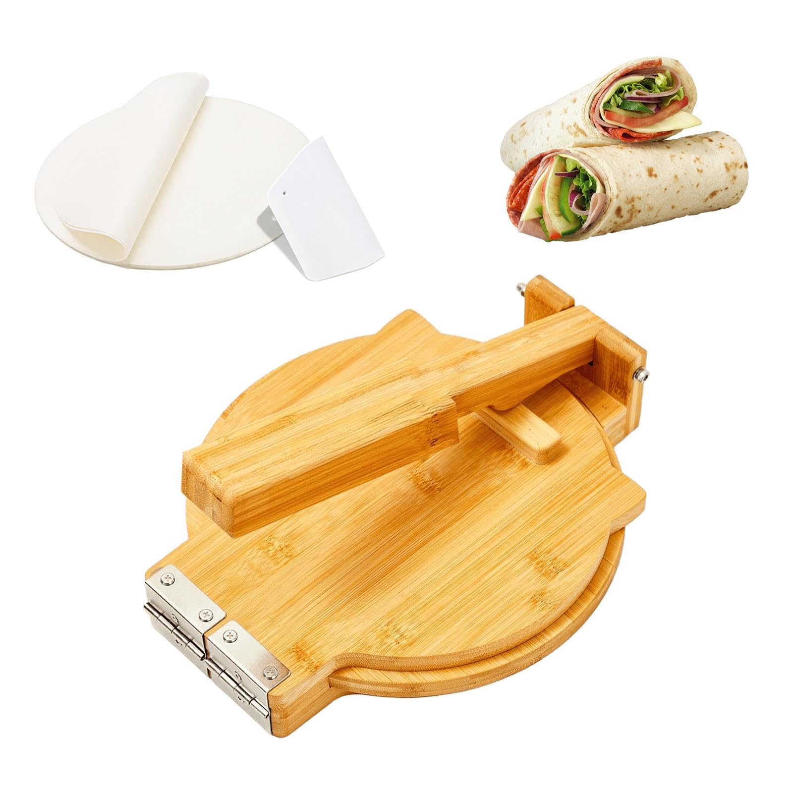 Wooden Quesadilla Maker - Tortilla Press 10 Inch with 50 Parchment Paper &amp; Dough Cutter, Bamboo Prensa para Tortillas Mexican Aplastador de Tortillera Press for Burritos, Taco, Roti, Corn Tortillas