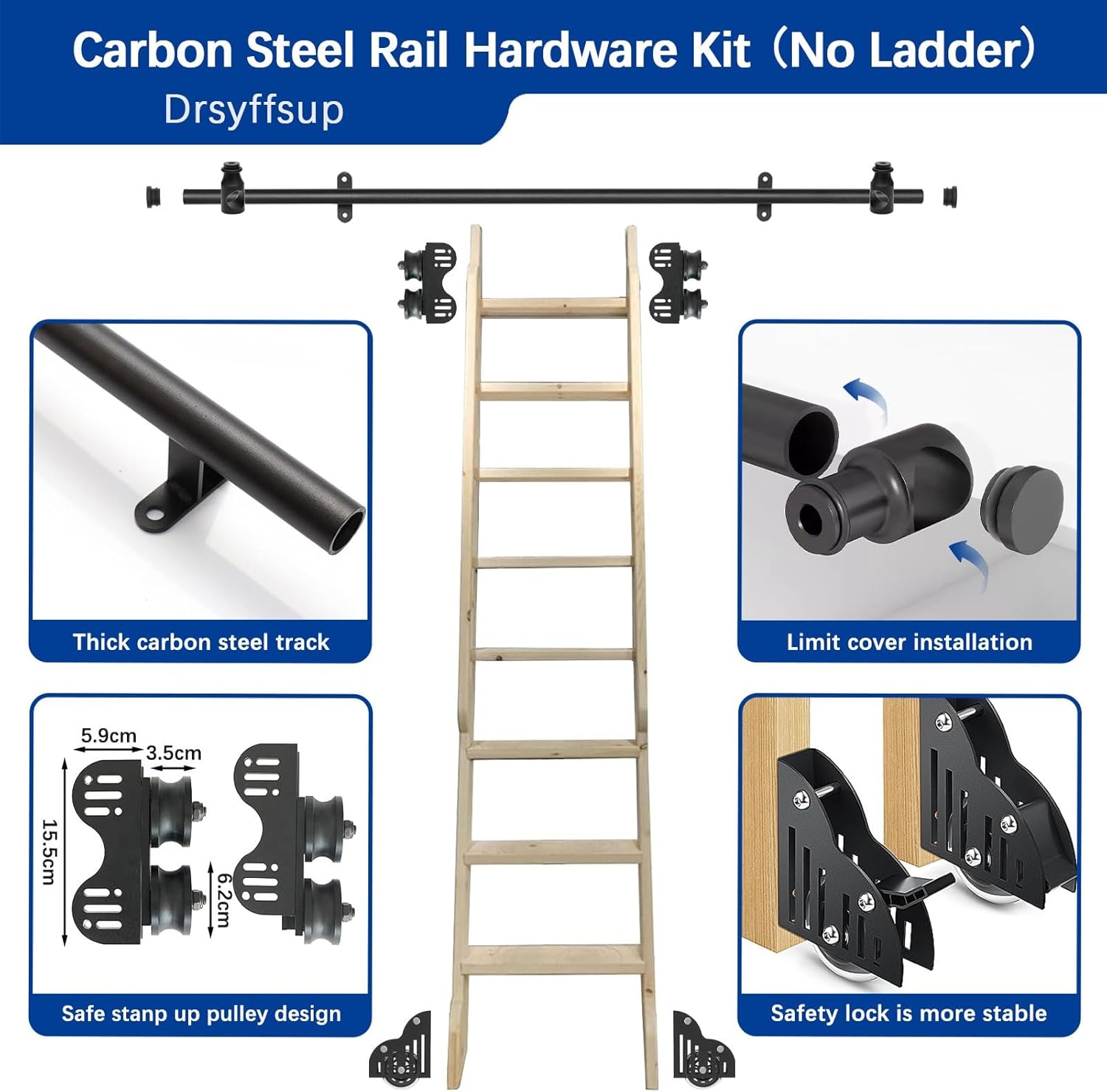 100cm-720cm Telescopic Sliding Ladder Hardware 3.3ft 4ft 6.6ft 8ft 10ft 13ft 20ft Black Metal Track/Rail - Stand Up Tensible Rolling Library Ladder Hardware Kit(13ft/400cm Track ki