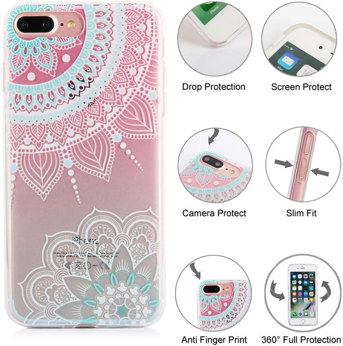 TRENSOM iPhone 8 Plus Case iPhone 7 Plus Case for Women Clear Protective Case, Cute Gadient Mandala Slim Bumper Case, Floral Henna Lace Pattern Soft TPU, Shockproof Phone Cases, White Blue Cyan