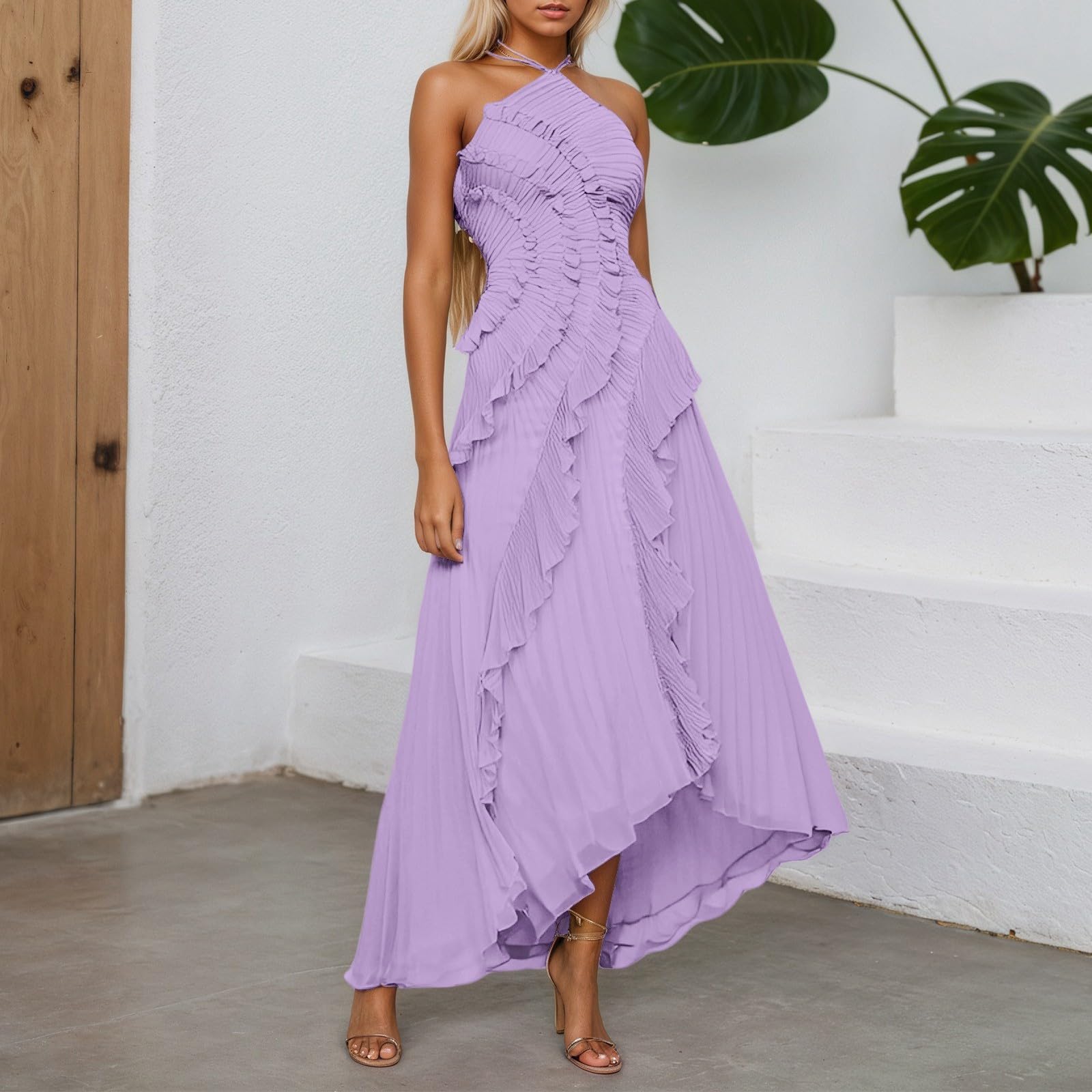 Générique Robe Longue plissée à Volants pour Femme - sans Manches - Dos Nu - Irrégulière - Plissée - en Mousseline de Soie - pour Les invités de Mariage
