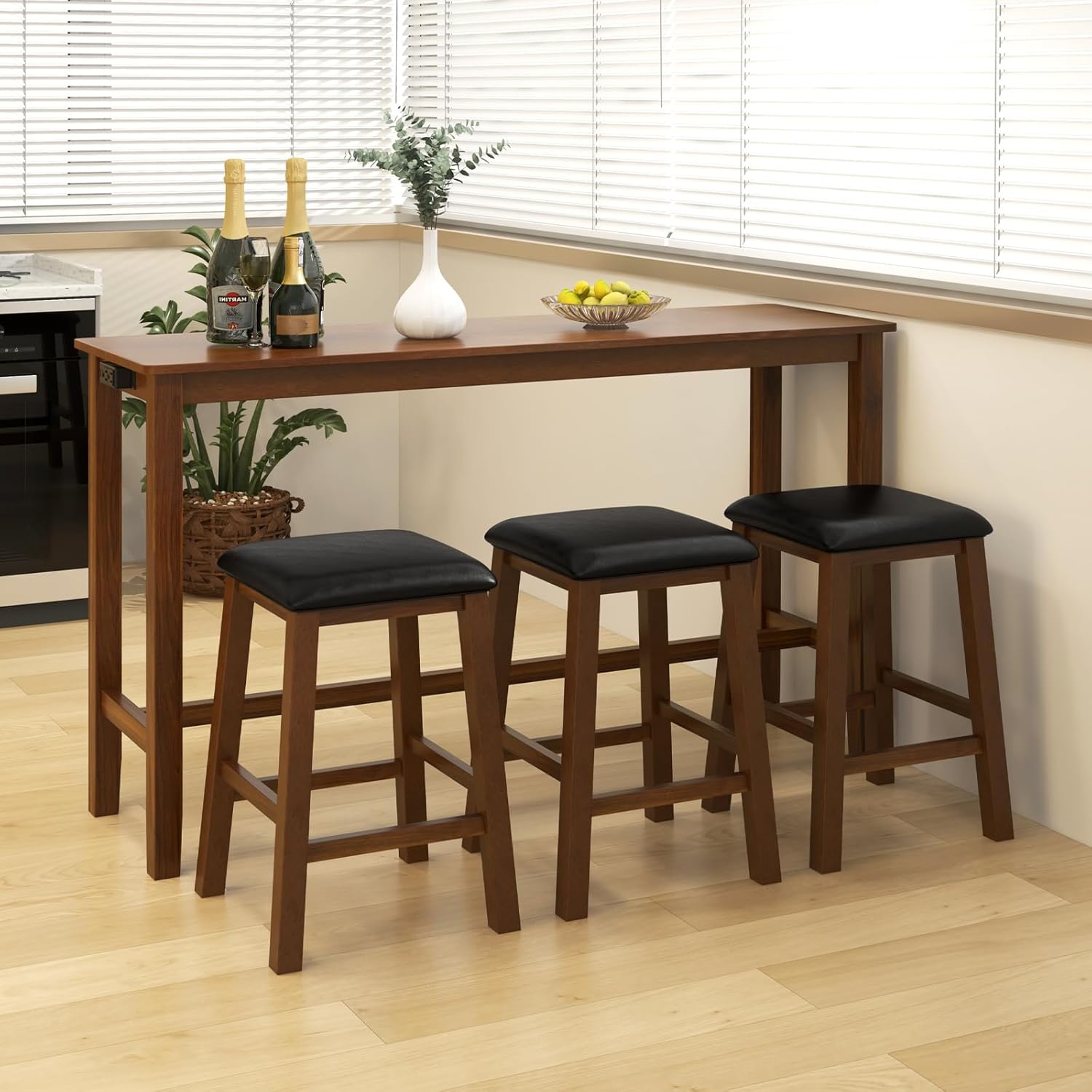GOFLAME 4-Piece Bar Table Set with Power Outlet, Counter Height Pub Table with 3 PVC Leather Padded Stools, Rustic Kitchen & Dining Room Table Set with Acacia Wood Legs for Breakfast Nook, Living Room