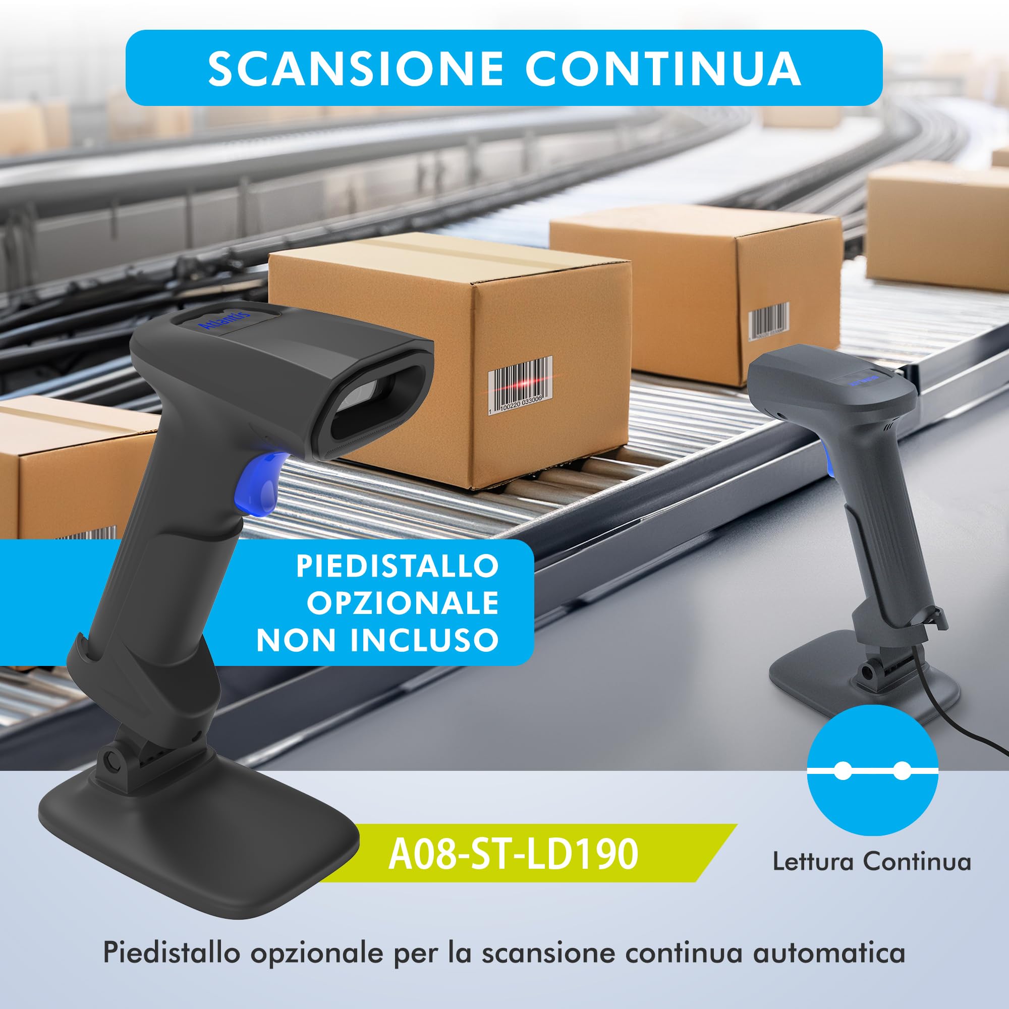Atlantis A08-LD190-2D Lettore Codici a Barre Barcode reader scanner 1D e 2D Ottico (640x480), 60fps, legge da smartphone e display, codice farmaceutico, collegamento USB, guida rapida.