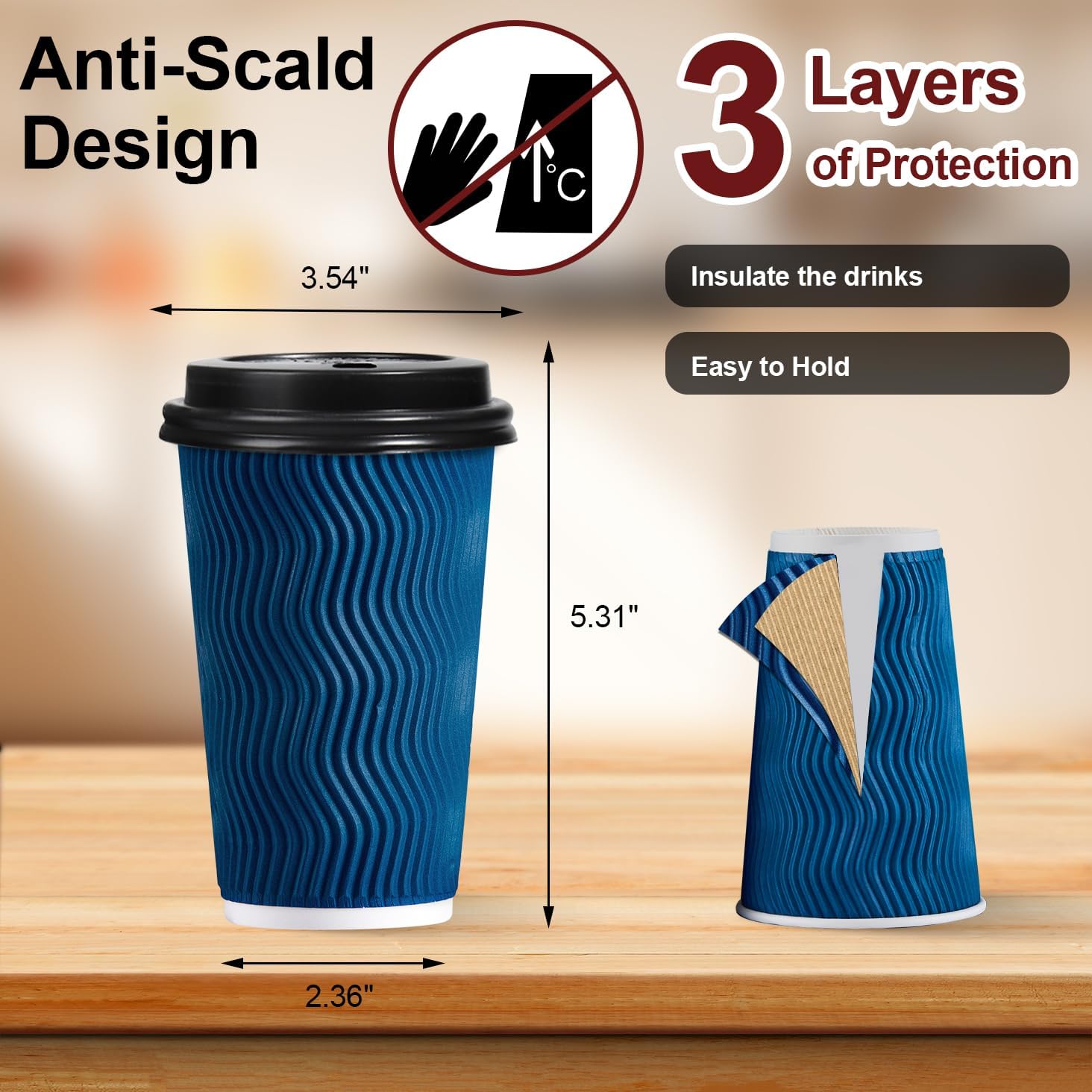 lamosi disposable coffee cups with lids 16 oz 500 pack, insulated paper coffee corrugated ripple wall to go cup with for hot beverages - blue blue 16oz-500