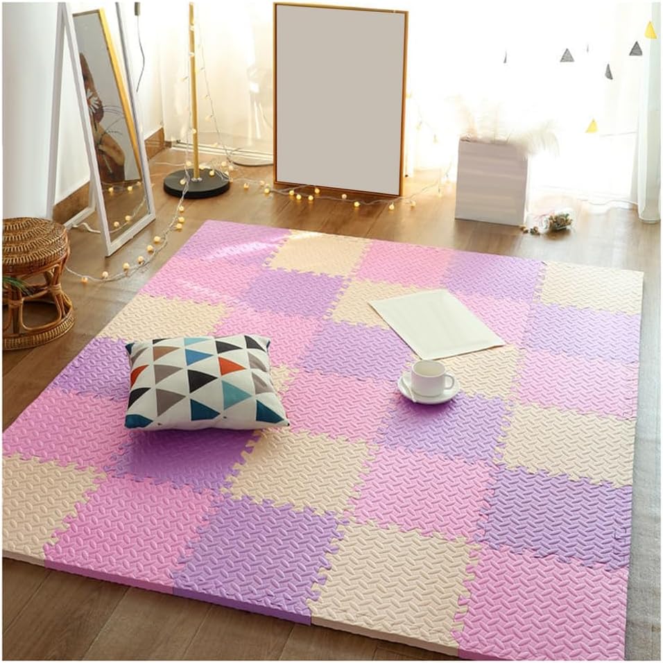 32Pcs Thick EVA Foam Puzzle Mats – 12x12in Non-Slip Interlocking Floor Tiles for Gym & Playroom, Removable Soft Exercise Mat with Border, Beige, Pink & Purple