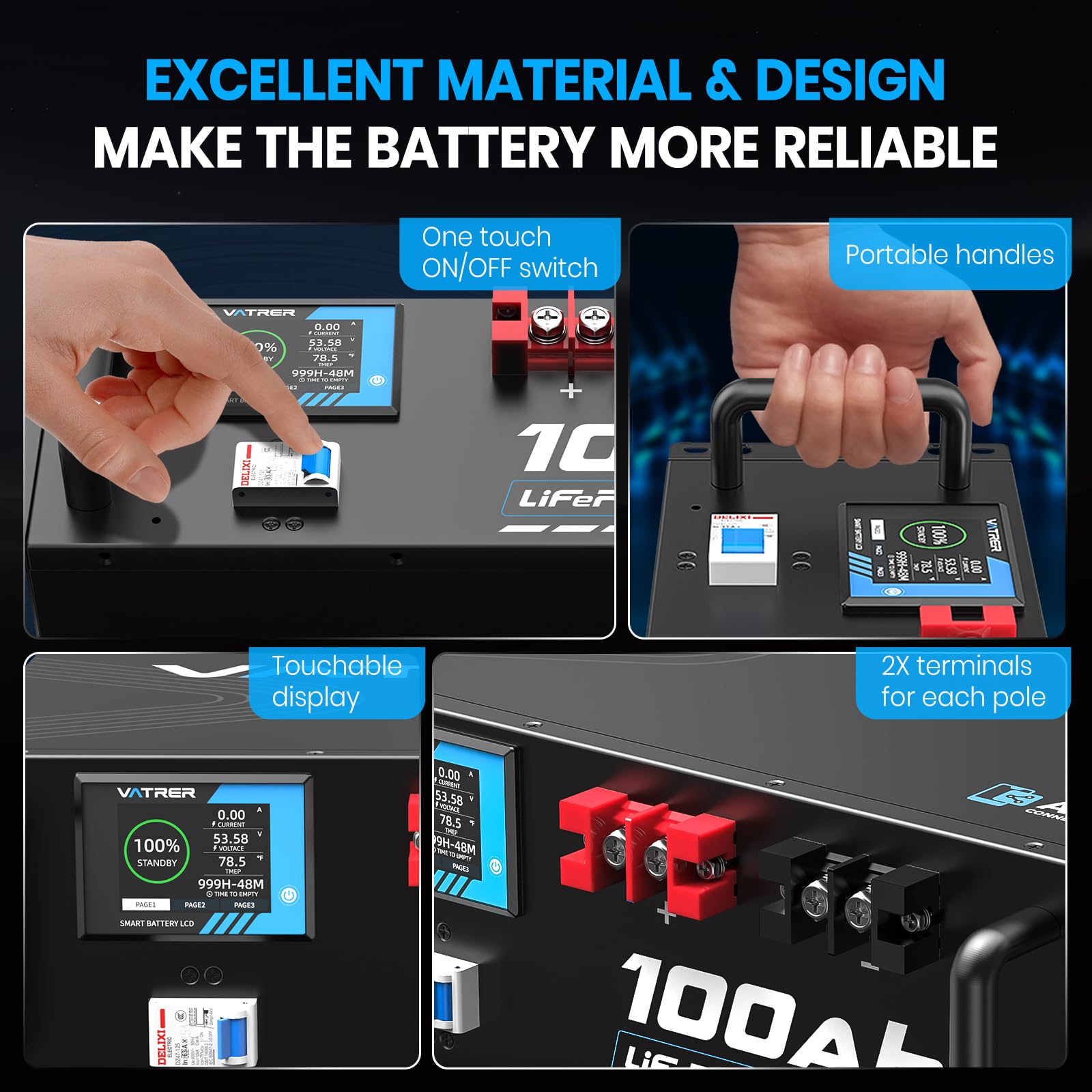 48V 100AH Lithium LiFePO4 Battery Built-in 100A BMS with Touchable Smart Display Mobile APP Max 4800W Power Output — view 7