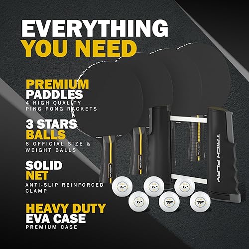 Vista 2 de TRICKPLAY Professional Ping Pong Net for Any Table Portable Anywhere Table Tennis Set with Retractable Net, 2 and 4 Paddle Set, 3-Star Balls