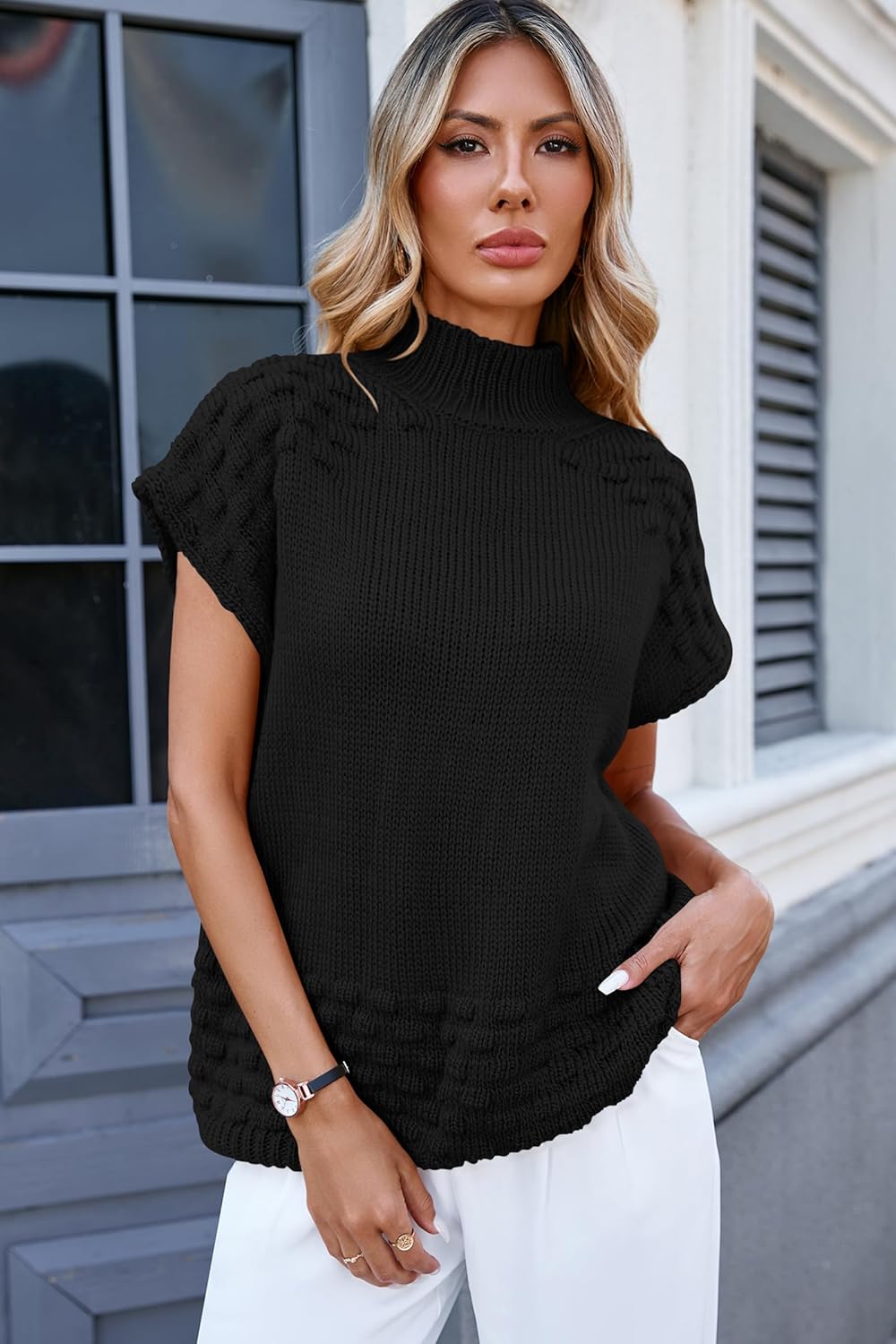 Cakulo Womens Oversized Sweater Vest Short Sleeve Mock Neck Fall Outfits Sleeveless Pullover Sweaters 2025 - Image 4