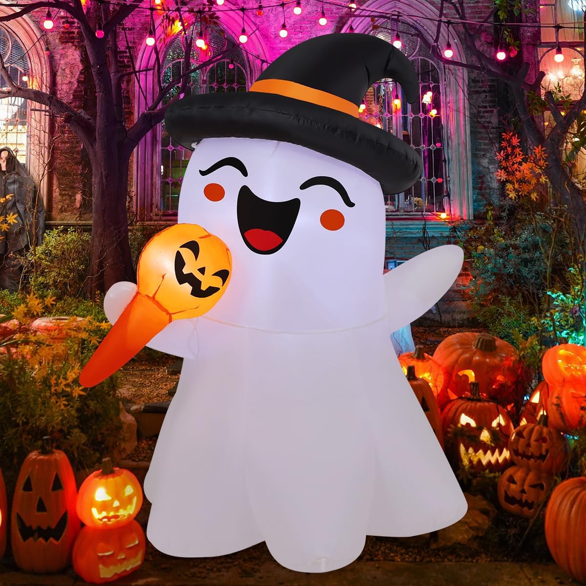 COMIN 5.1FT Halloween Inflatables Singing Cute Ghost Outdoor Decorations,Blow Up Ghost Inflatable with Built-in LED Lights for Halloween Party Indoor Yard Lawn Garden Patio Decor