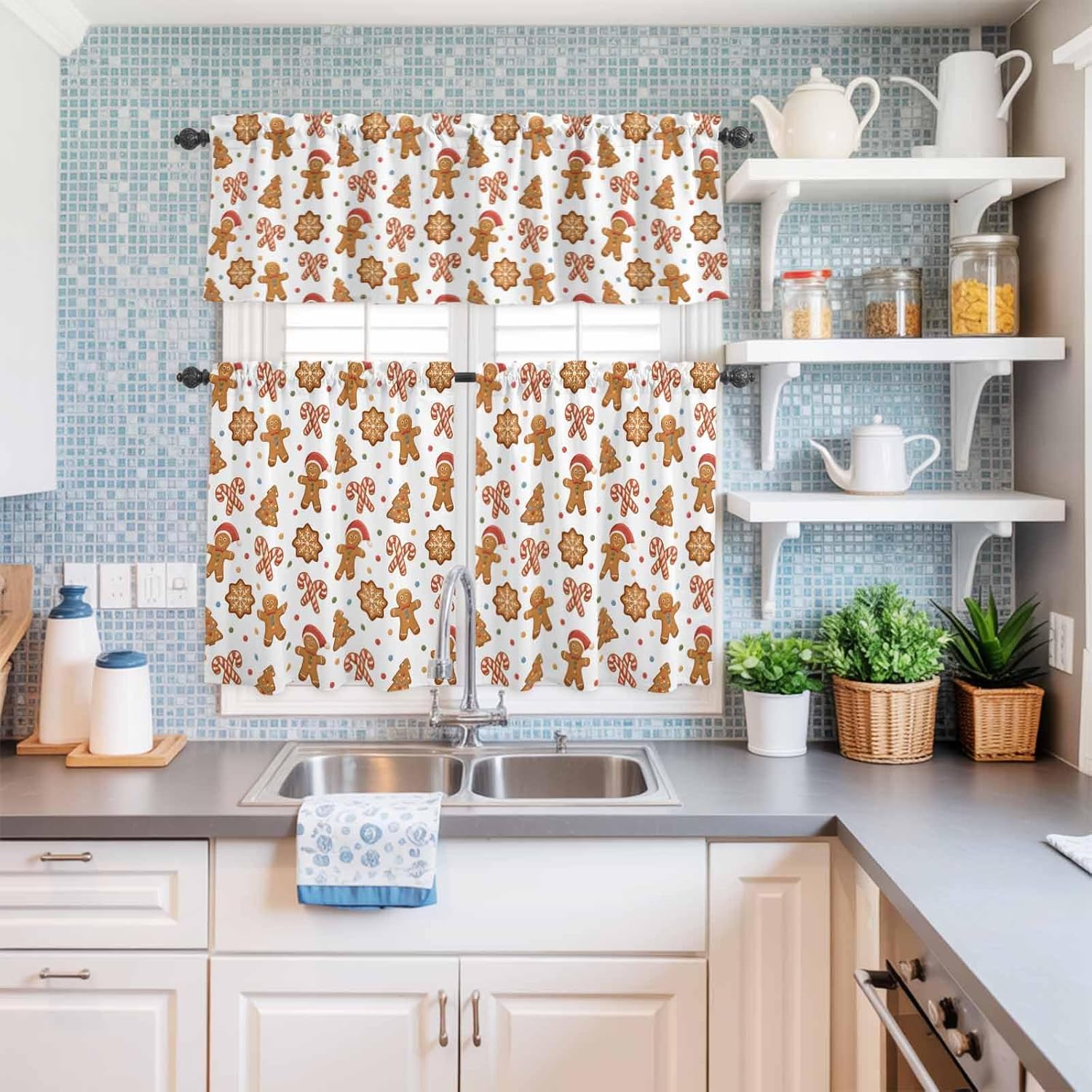 YOKOU Kitchen Curtains and Valances Set, Christmas Gingerbread Man Winter Short Rod Pocket 3 Pieces Window Curtain Set for Bedroom, Bathroom, 24 Inch Long