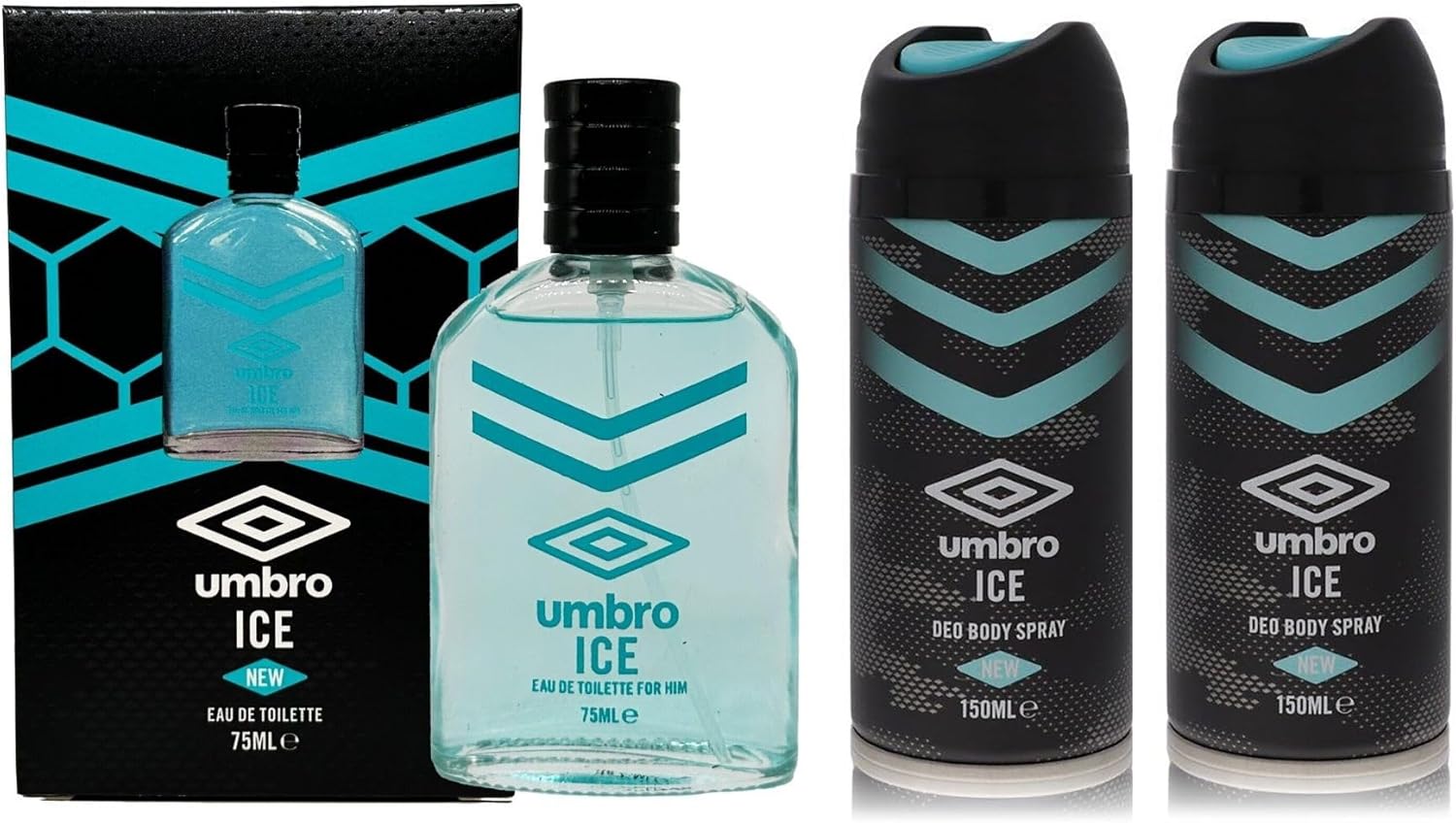 Umbro Ice EDT Eau De Toilette 75ml & 2 Tins of Mens Gents Deodorant