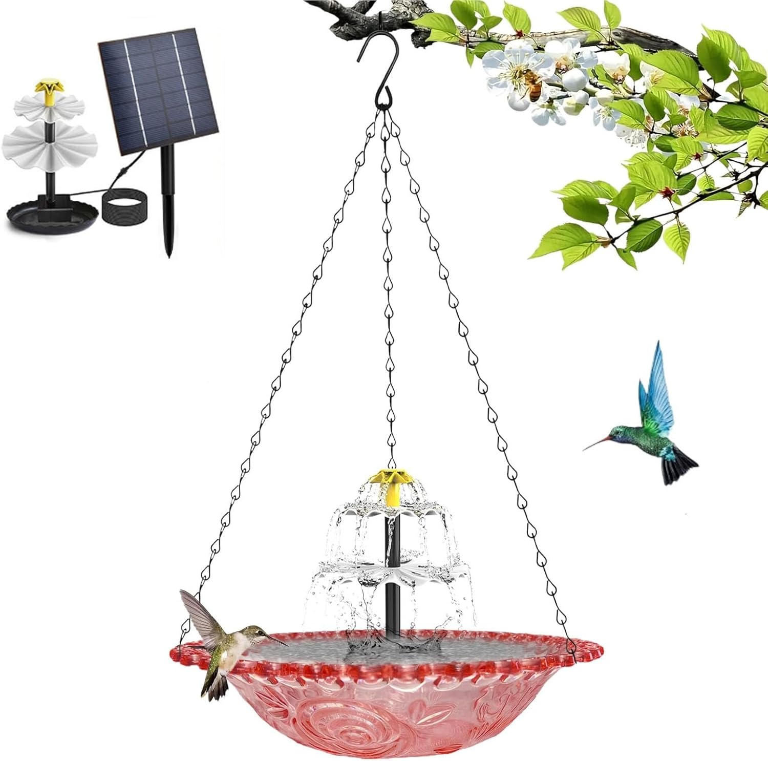 Hanging Bird Bath with Solar Fountain, Solar Cascade Hanging Bird Bath Fountain, Birdbath Bubbler with Solars Pump & Glass Bowl, Hummingbird Water Fountain, for Outdoors, Garden, Patio Decor (Pink)