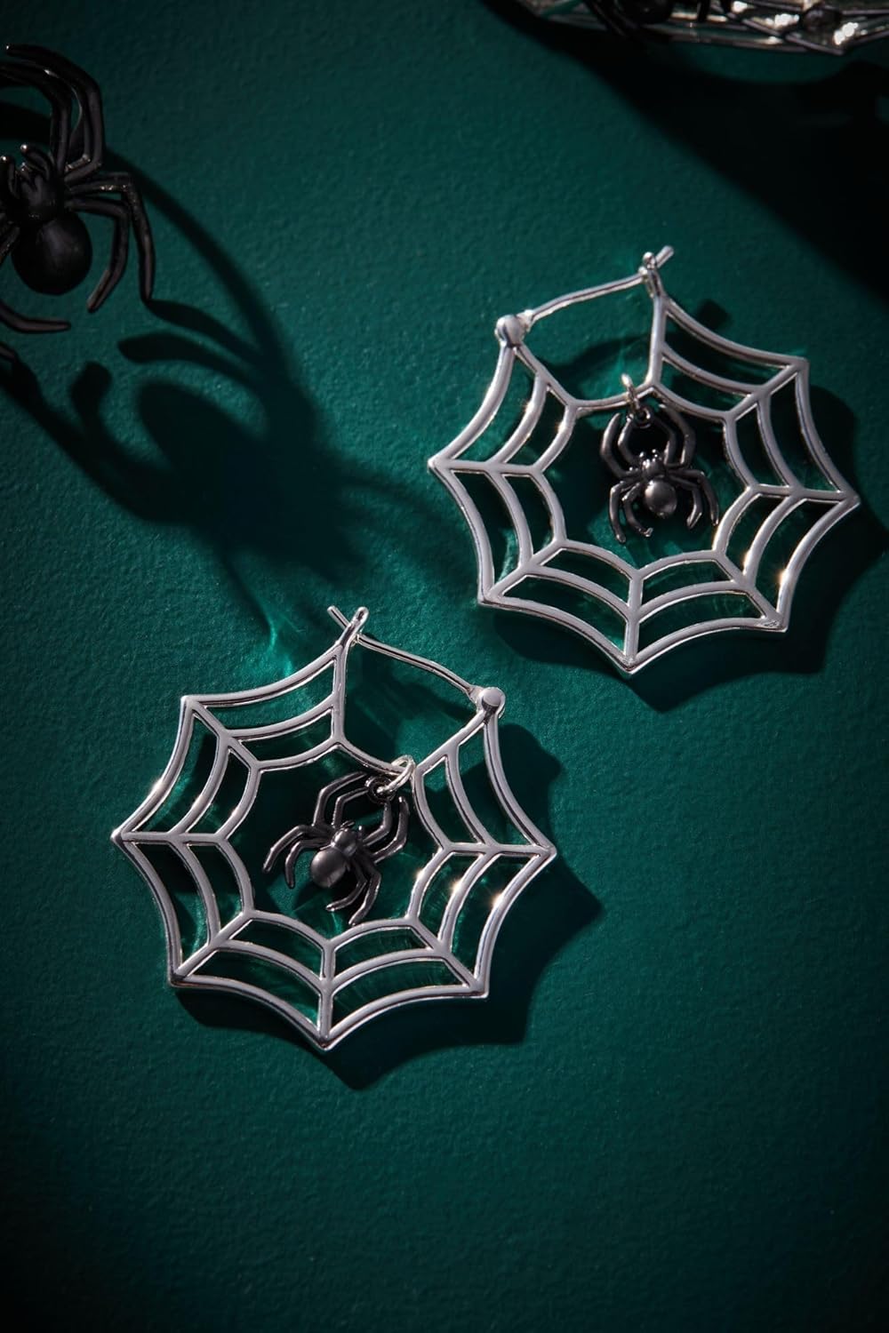 Alex and Ani Glow in the Dark Earrings for Women - Spider Web Hoop Design, Halloween Jewelry, Spooky Light Up Fun Earrings, Captivating Black Spider Focal Point