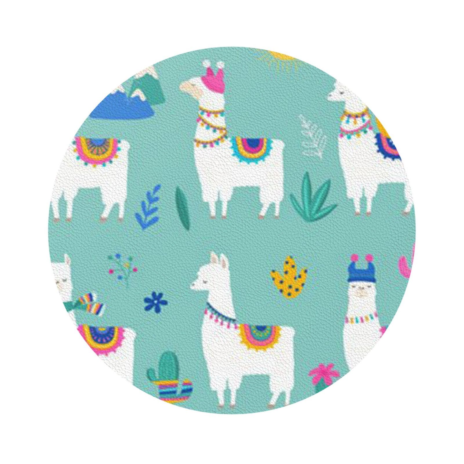 Alpaca Llama PU Leather Coasters Set of 6 Round Drink Coasters