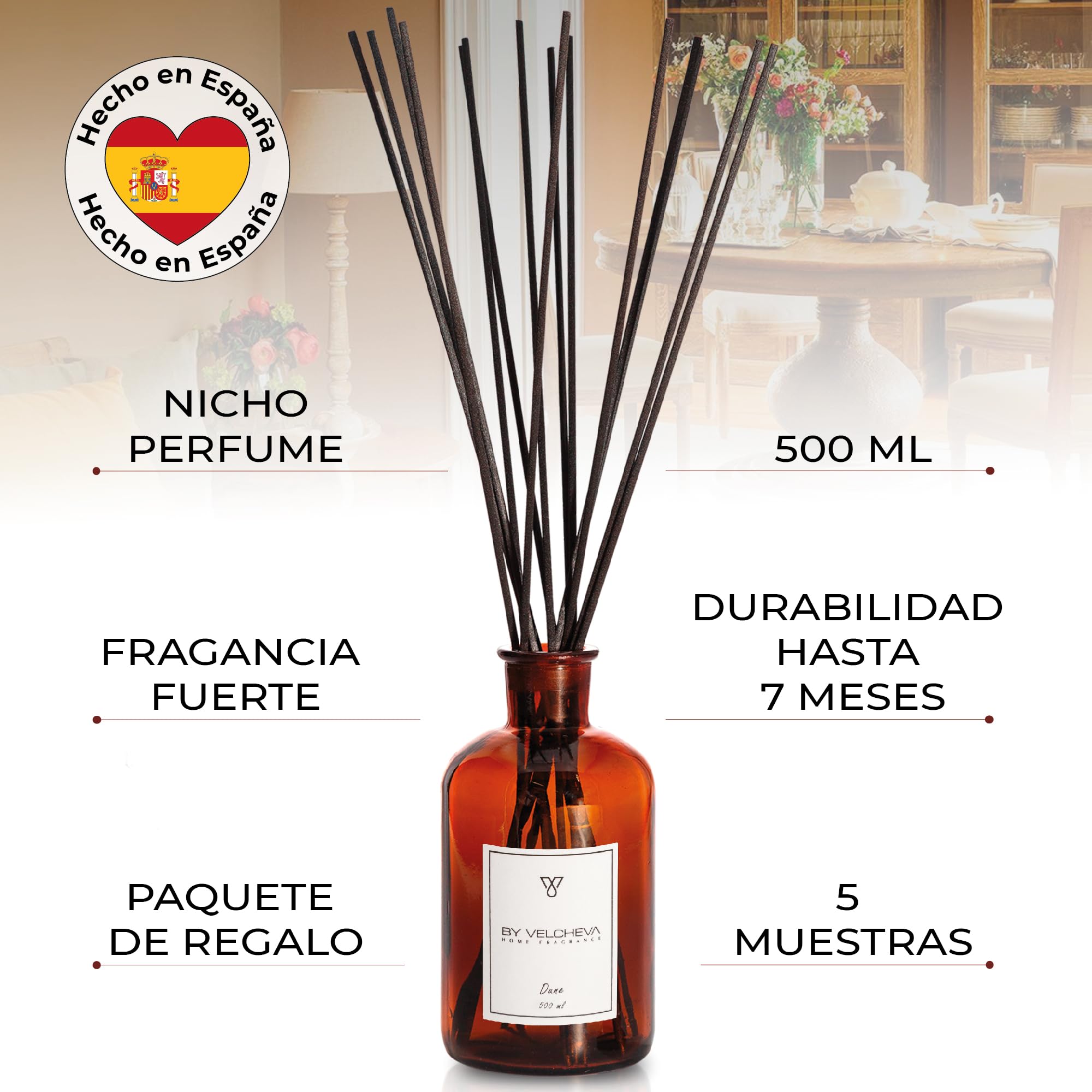 Ambientador Mikado Dune, Perfume de Autor 500 ml, Ambientadores de Hogar, Ambientador Varillas, Botella de Vidrio para casa, Oficina, Dormitorio, salón, Cocina, baño