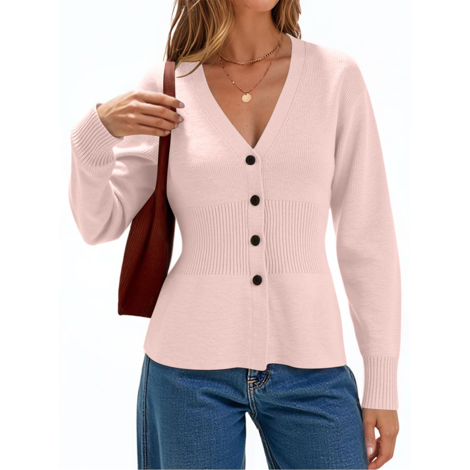 Womens Knit Cardigan Sweaters Long Sleeve V Neck Cinched Waist Tops Fall Dressy Casual Button Up Fitted Outerwear