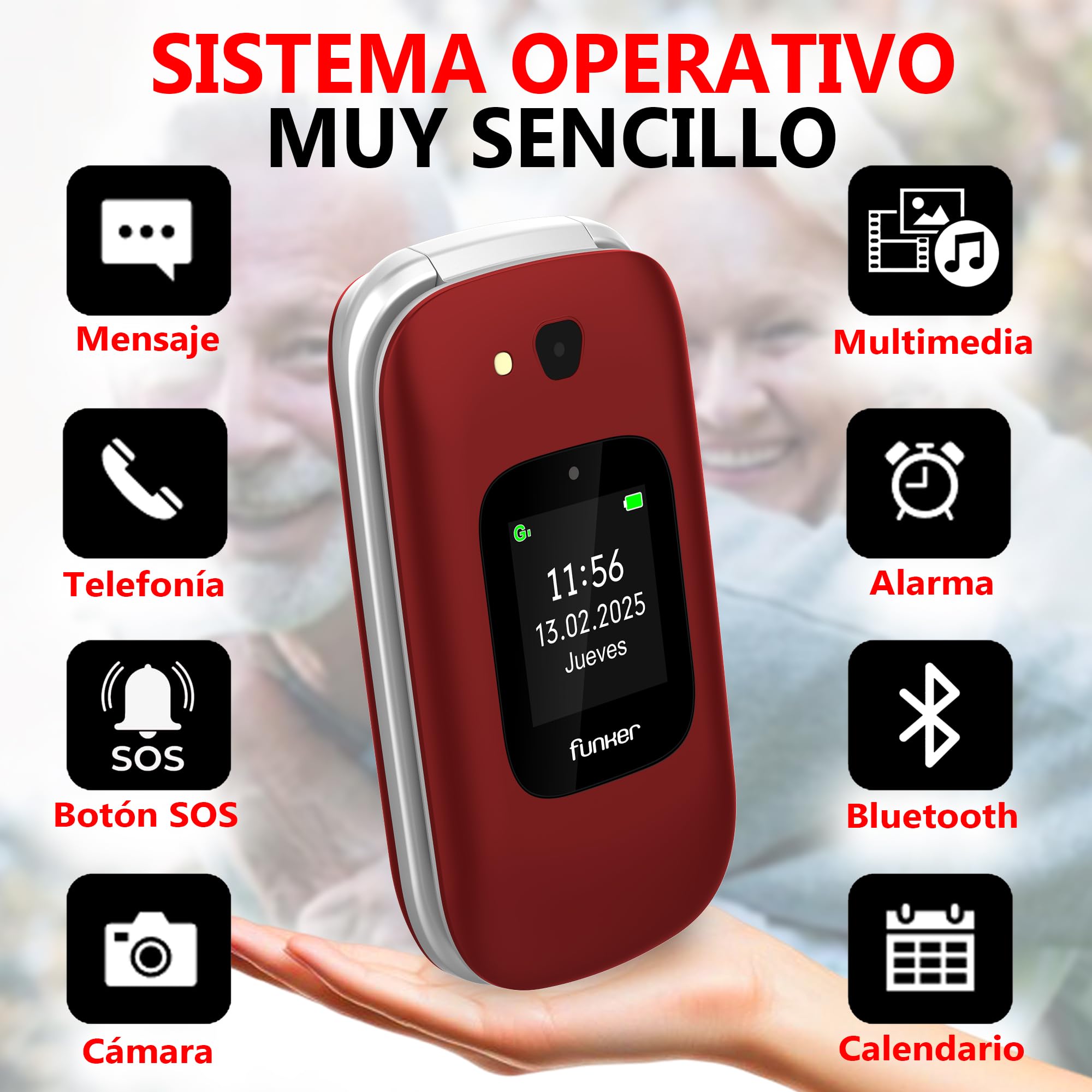 Funker E350 MAX Audio 3 Plus 4G, Teléfono Móvil con Tapa para Mayores, Pantalla Grande 2,8” y Pantalla Externa, Teclas Grandes, Audio Pro Compatible con Audífonos, Base de Carga, Botón SOS, Rojo