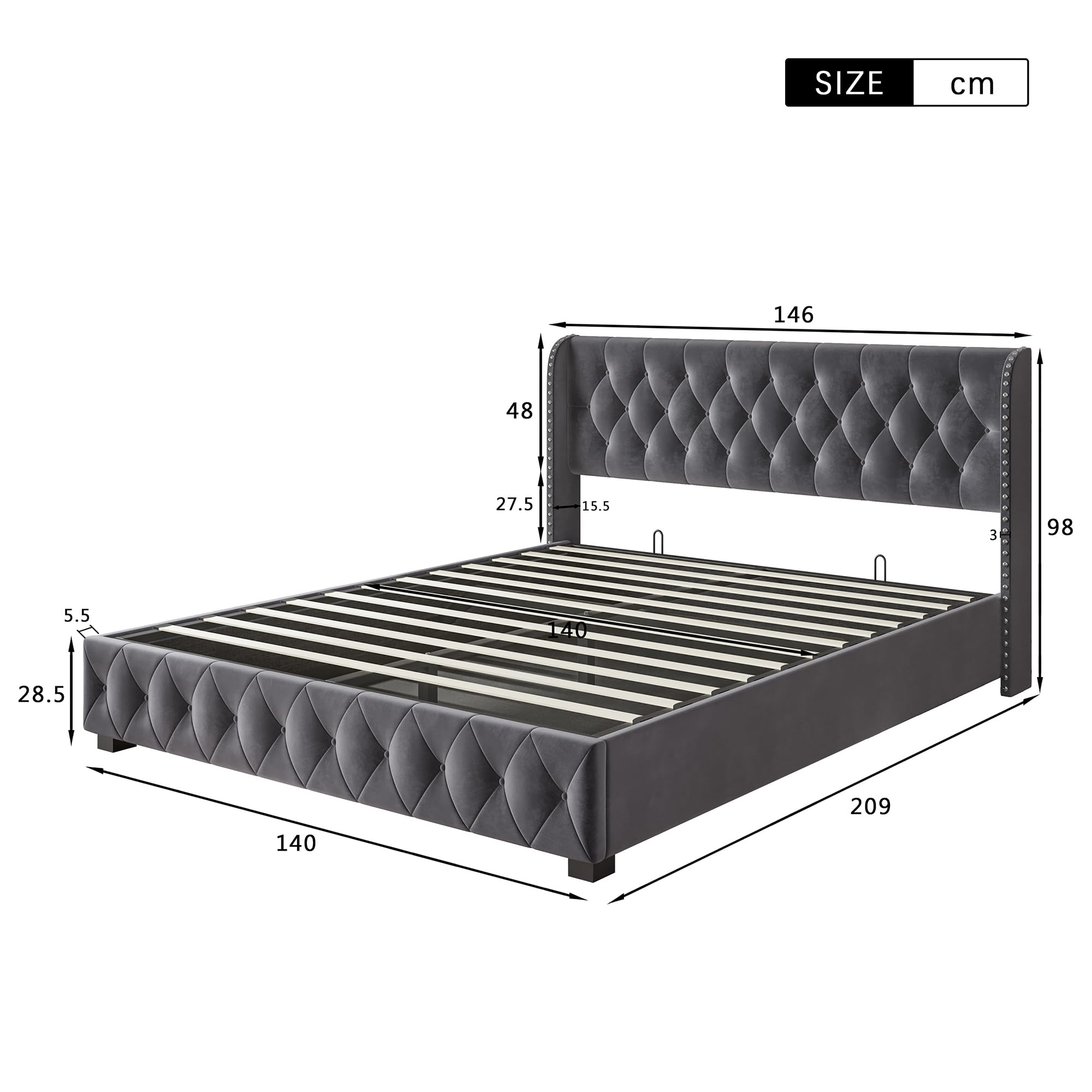 Polsterbett 140 x 200 cm, Hydraulisch Gepolstertes Doppelbett mit Stauraum, Doppelbett mit Lattenrost aus Samt, Moderner Komfort in Grau, ohne Matratze (140x200cm)