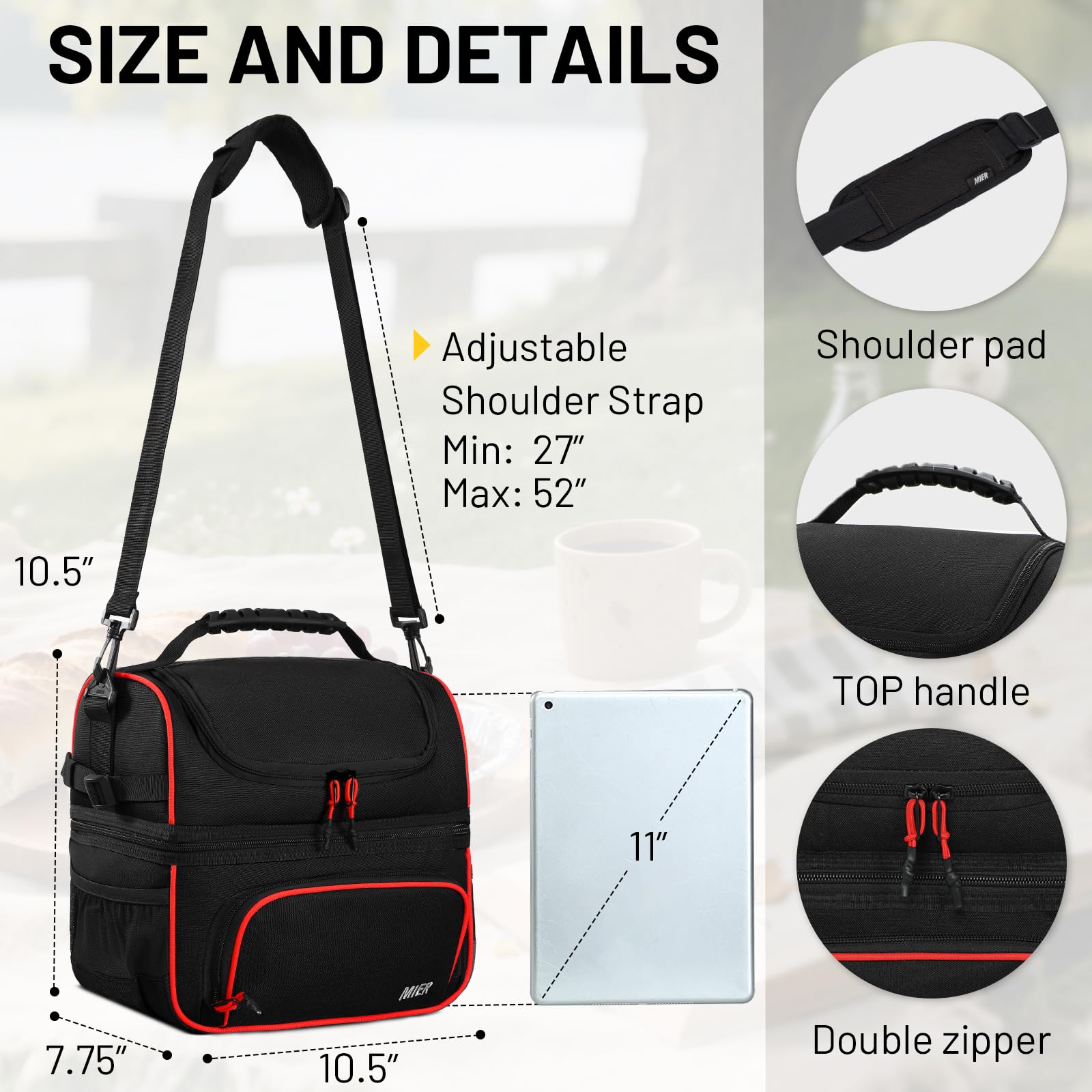 MIER Bolsa de almuerzo de doble compartimento con correa para el hombro para hombres y mujeres, bolsa térmica aislada a prueba de fugas, color negro y rojo