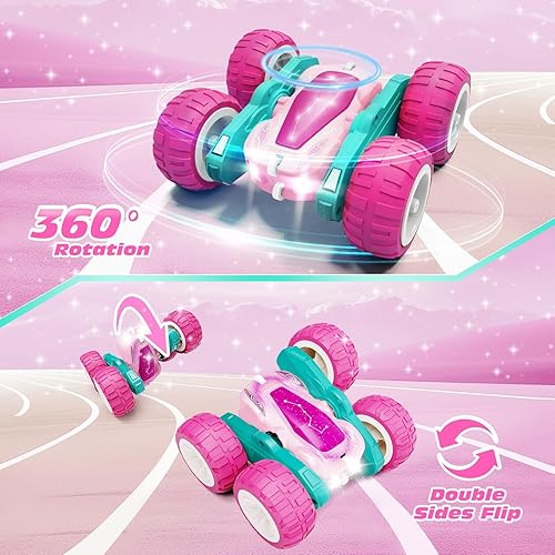 Miniatura 4 de Tecnock Auto de control remoto rosa para niñas y niños, autos RC de 2.4 GHz con USB-C de fácil carga, 4WD de doble cara gira y voltea el auto de