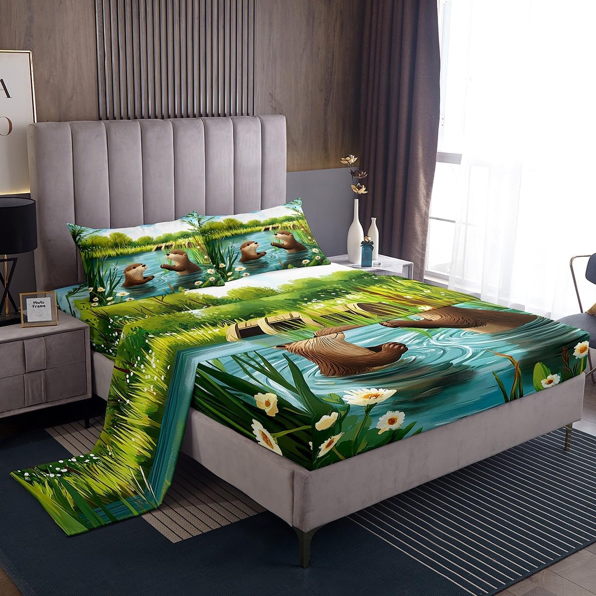 Cartoon Hippo Kids Bed Sheets Queen Size 4 Pcs Cute Wild Animal Rustic Style Bedding Set for Boys Girls Teens Blue Water Green Leaves Hippie Sheet Set with Flat,Fitted Sheet,2 Pillowcases