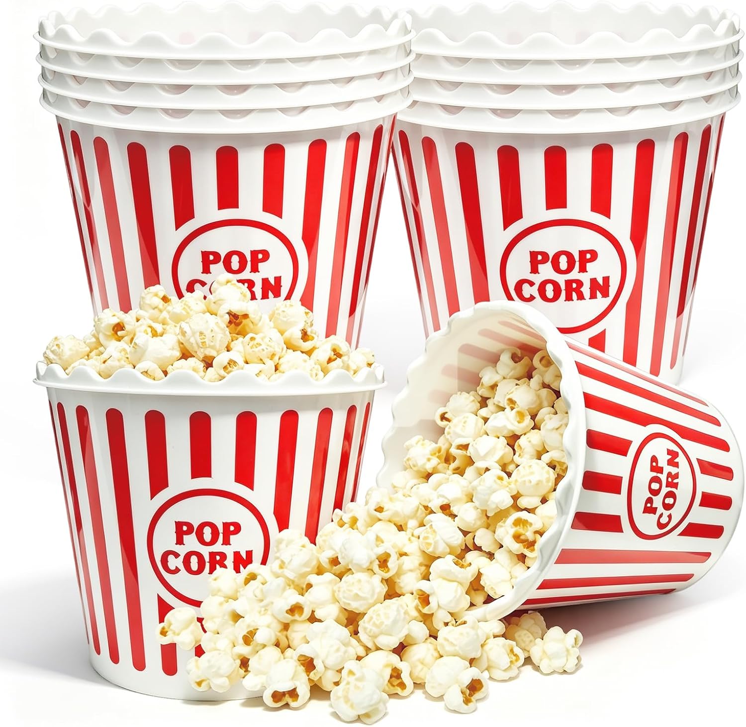 8 Pcs Round Plastic Popcorn Buckets Reusable for Movie Night