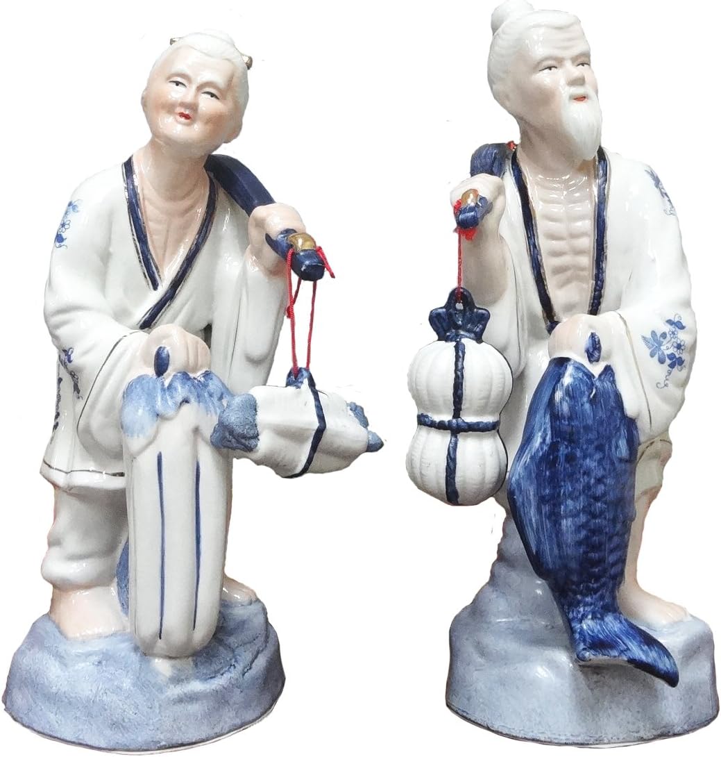 Fisherman Old Chinese Couple Statue Figurine 15" H, 13157S