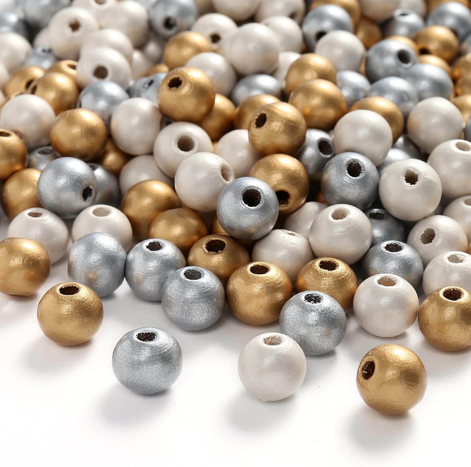 ToBeIT Wooden Beads 300 pcs Gold,Silver,White Three Color Round Wood Beads for DIY Craft, Jewelry Making（12mm） - Image 3