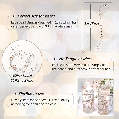 Miniatura 4 de 50 cuerdas de perlas para velas flotantes, perlas de imitación de efecto flotante para relleno de jarrón, decoración de mesa de centro de mesa para
