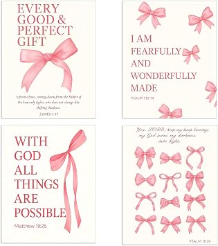 Pink Bow Wall Decor - 4 Pcs FRAMED Pink Wall Art Aesthetic Room Art, Inspirational Bible Verse Prints, Perfect for Bedroom, Dorm, Bathroom Decor 8"x10"