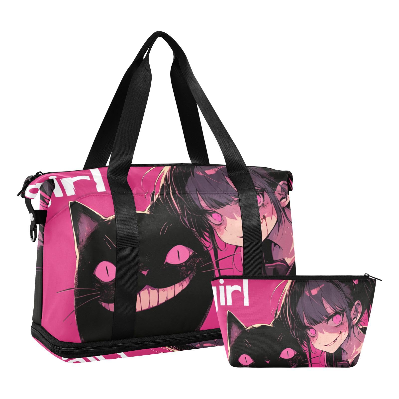 Peach Black Psycho Girl Bolsa de viaje con bolsillo húmedo, correa ajustable, bolsa de viaje para gimnasio, gran capacidad para hombres y mujeres