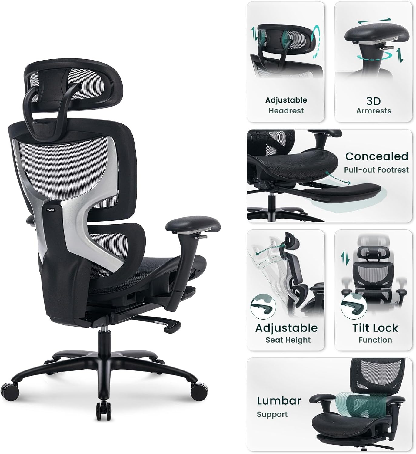 COLAMY AERIX Futuristic Mesh Ergonomic Office Chair, Black