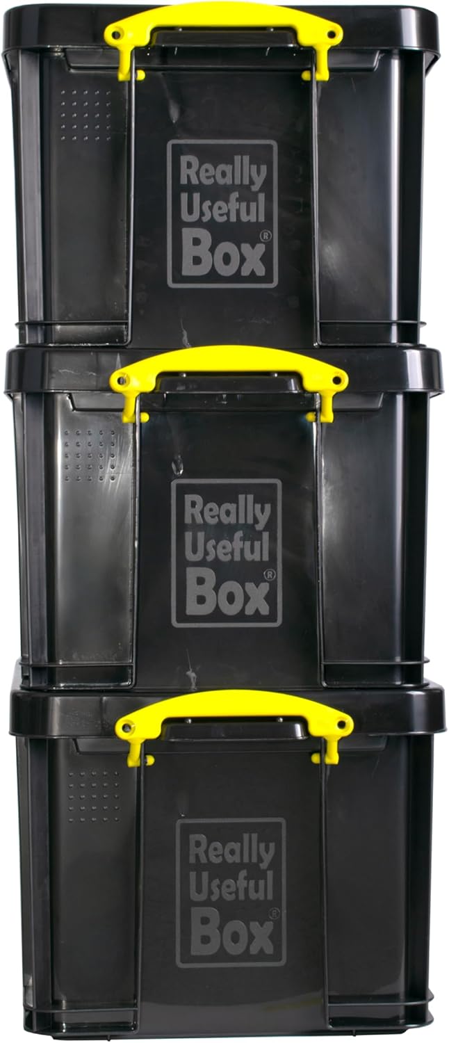 Really Useful Box Plastic Storage 35L Solid Black with Yellow Handles