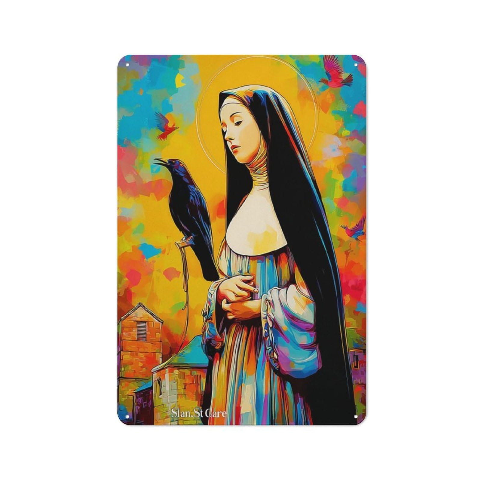Junmoney Saintly Serenity A Colorful Portrait Rustic Tin Wall Plaque 30X20cm Featuring For Pub Or Café, A Decorative Christmas Gift For Café Interior Fans