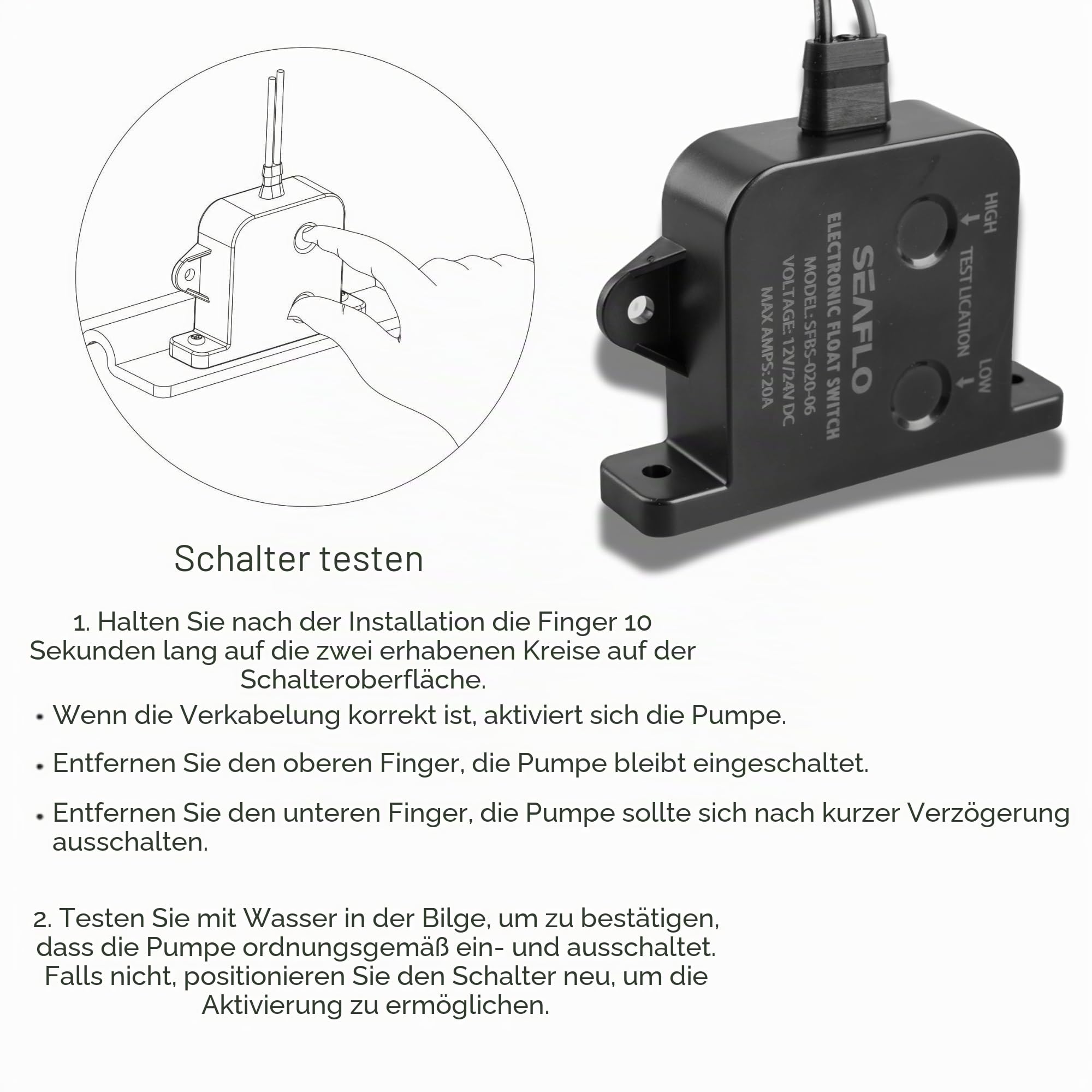 SEAFLO 20 A Solid-State-Elektrofeld-Lenzpumpenschalter 12/24 V – Intelligenter Wasserstandssensor, für Marine-Bilgepumpen, keine beweglichen Teile