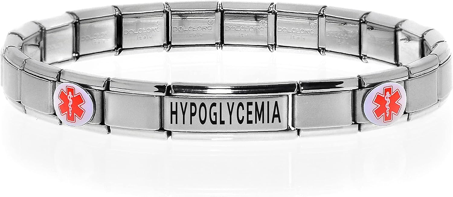 Dolceoro Medical Alert ID Bracelet for on Weight & Blood Sugar control – HYPOGLYCEMIA, T1 Diabetes, with Customize Fitting - Stretchable Italian Modular Charm Link - Stainless Steel, Unisex