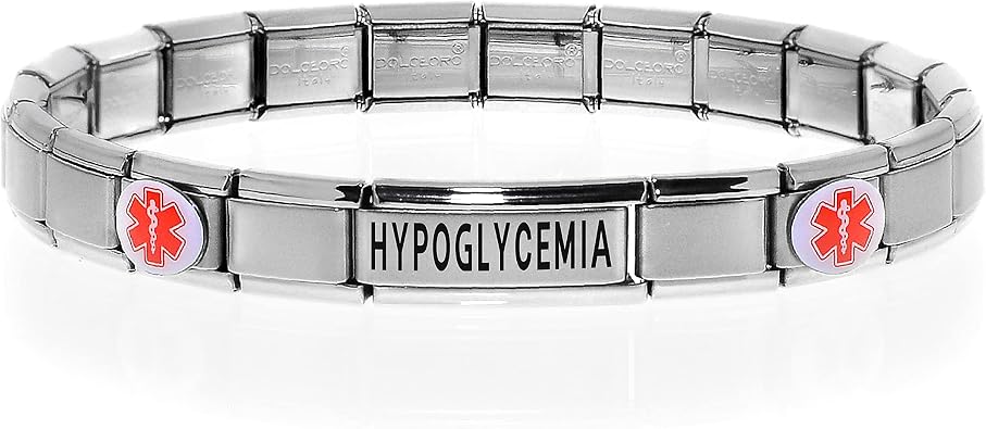 Dolceoro Medical Alert ID Bracelet for on Weight & Blood Sugar control HYPOGLYCEMIA, T1 Diabetes, with Customize Fitting - Stretchable Italian Modular Charm Link - Stainless Steel, Unisex