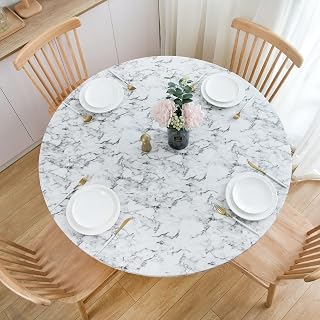 NLMUVW Round Fitted Vinyl Tablecloth with Elastic Edge 100% Waterproof Oil Proof PVC Table Cloth Wipe Clean Table Cover for Indoor and Outdoor, White Marbling, 40"- 44"
