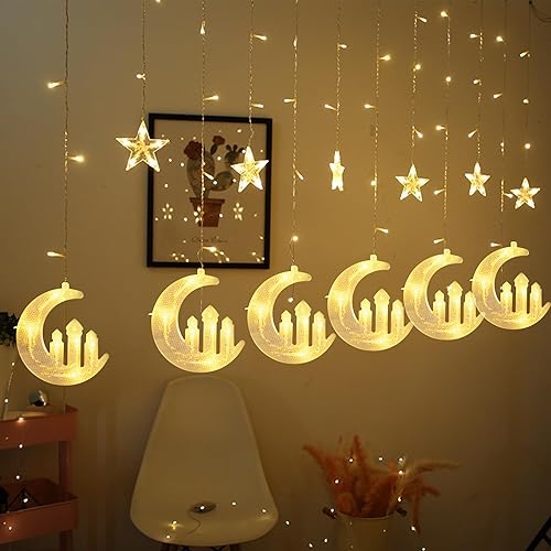 Dazzle Bright Moon Star and Fairy Tale Castle String Lights, 138 LED Muslim Curtain Fairy String Lights, 8 Lighting Modes for Home Holiday Ramadan Christmas Wedding Party Xmas Eid Decorations(USB)