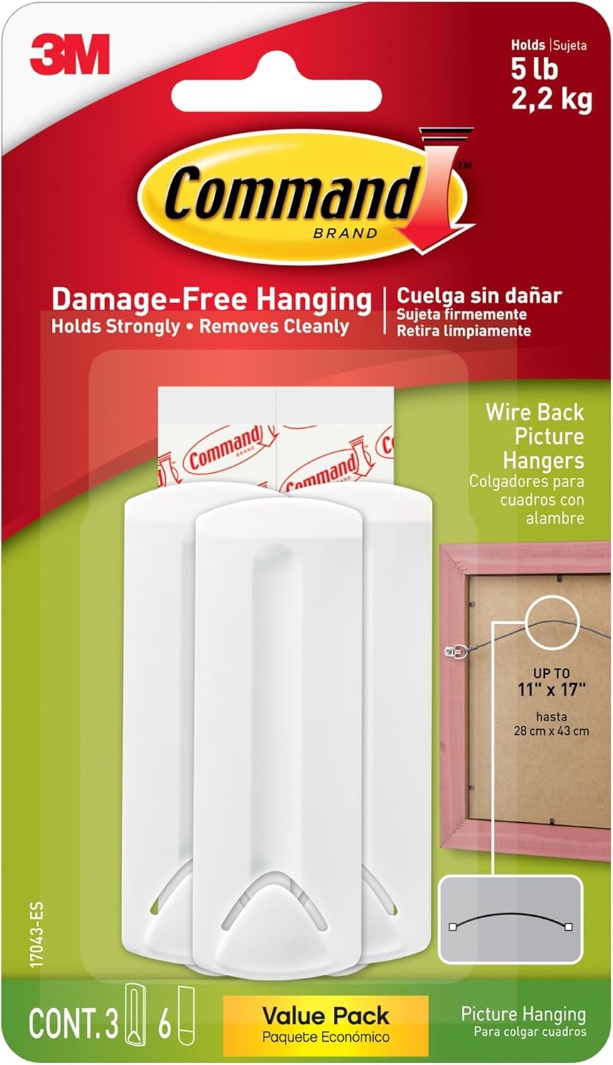 Command 5 lb Wire Back Picture Hangers, 3 Wire Back Hangers and 6 Command Strips, Damage-Free Hanging Wire Back Frames, No Tools Wall Hooks for Christmas Decorations, Holds up to 11"x17"